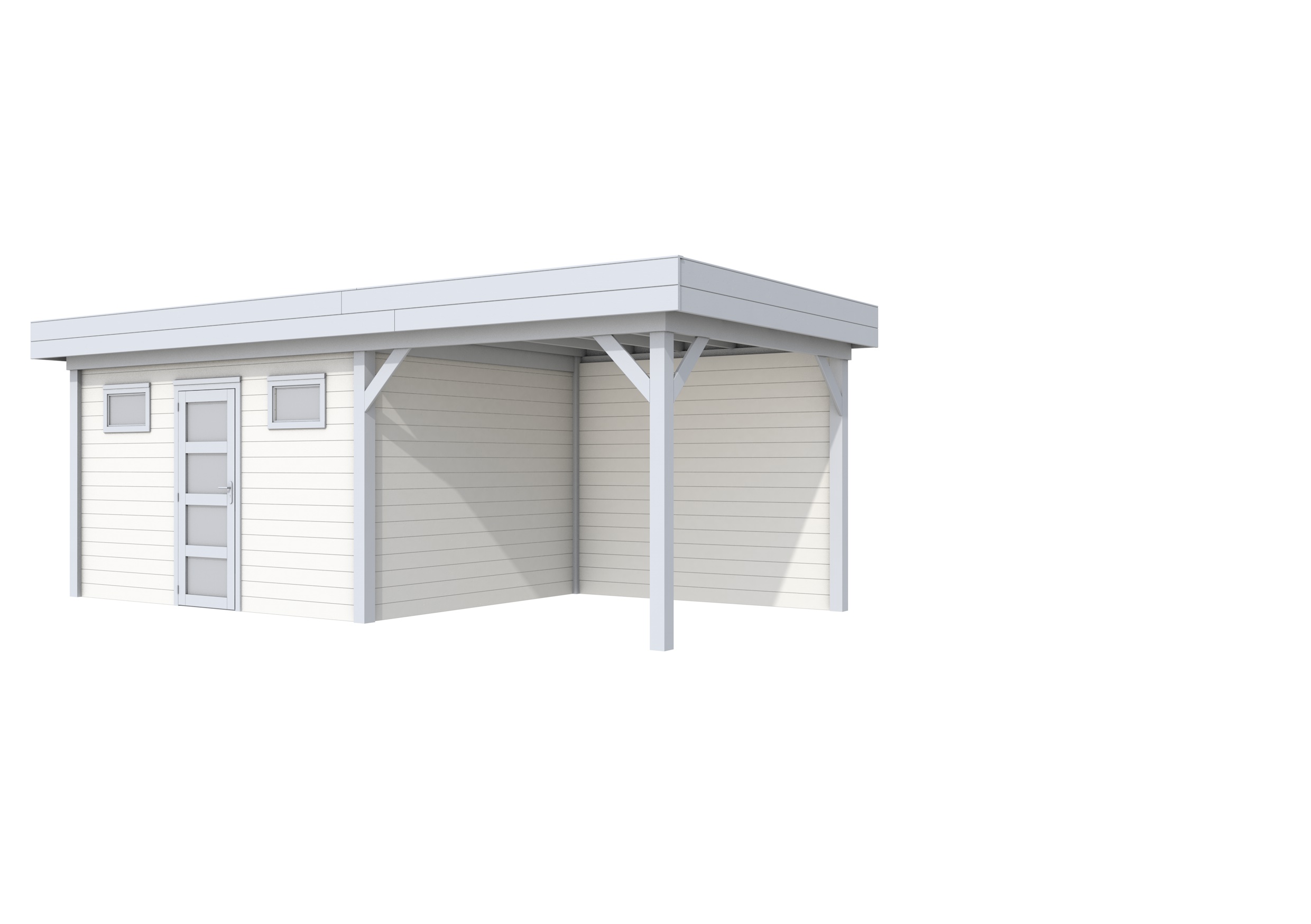 Vuren Topvision Kievit, 400 x 300 en luifel 300 cm, wanden wit en basis lichtgrijs.