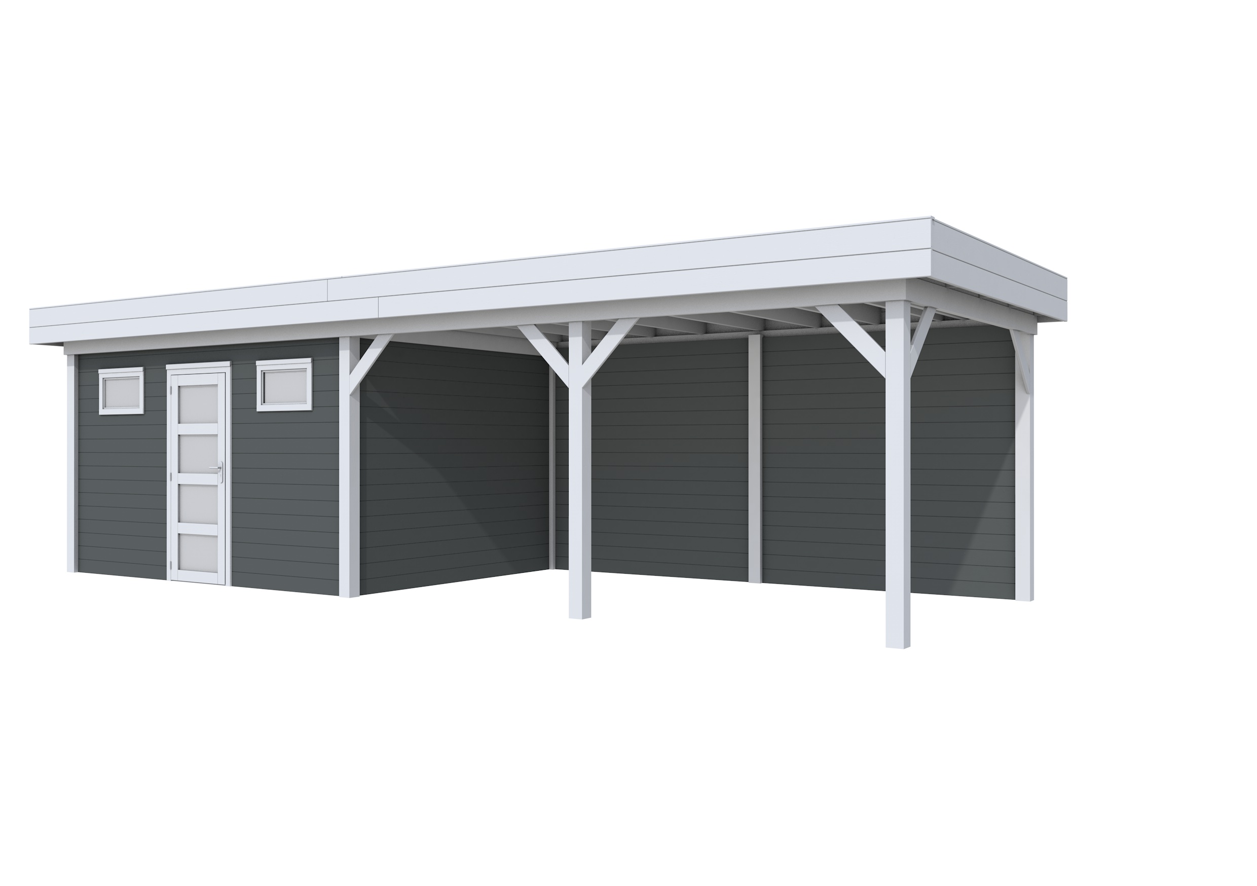 Vuren Topvision Kievit, 400 x 300 en luifel 500 cm, wanden antraciet en basis lichtgrijs.