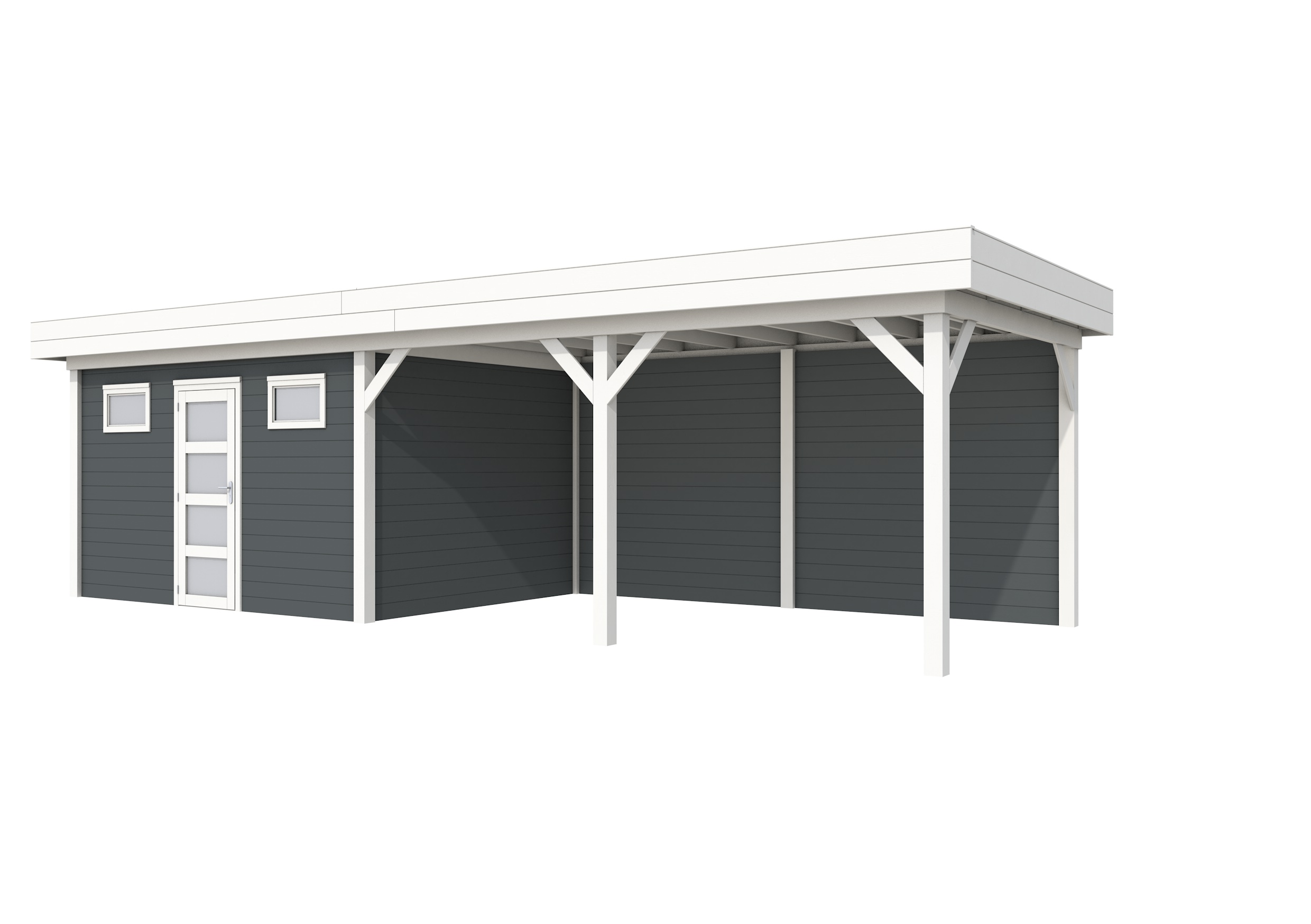 Vuren Topvision Kievit, 400 x 300 en luifel 500 cm, wanden antraciet en basis wit.