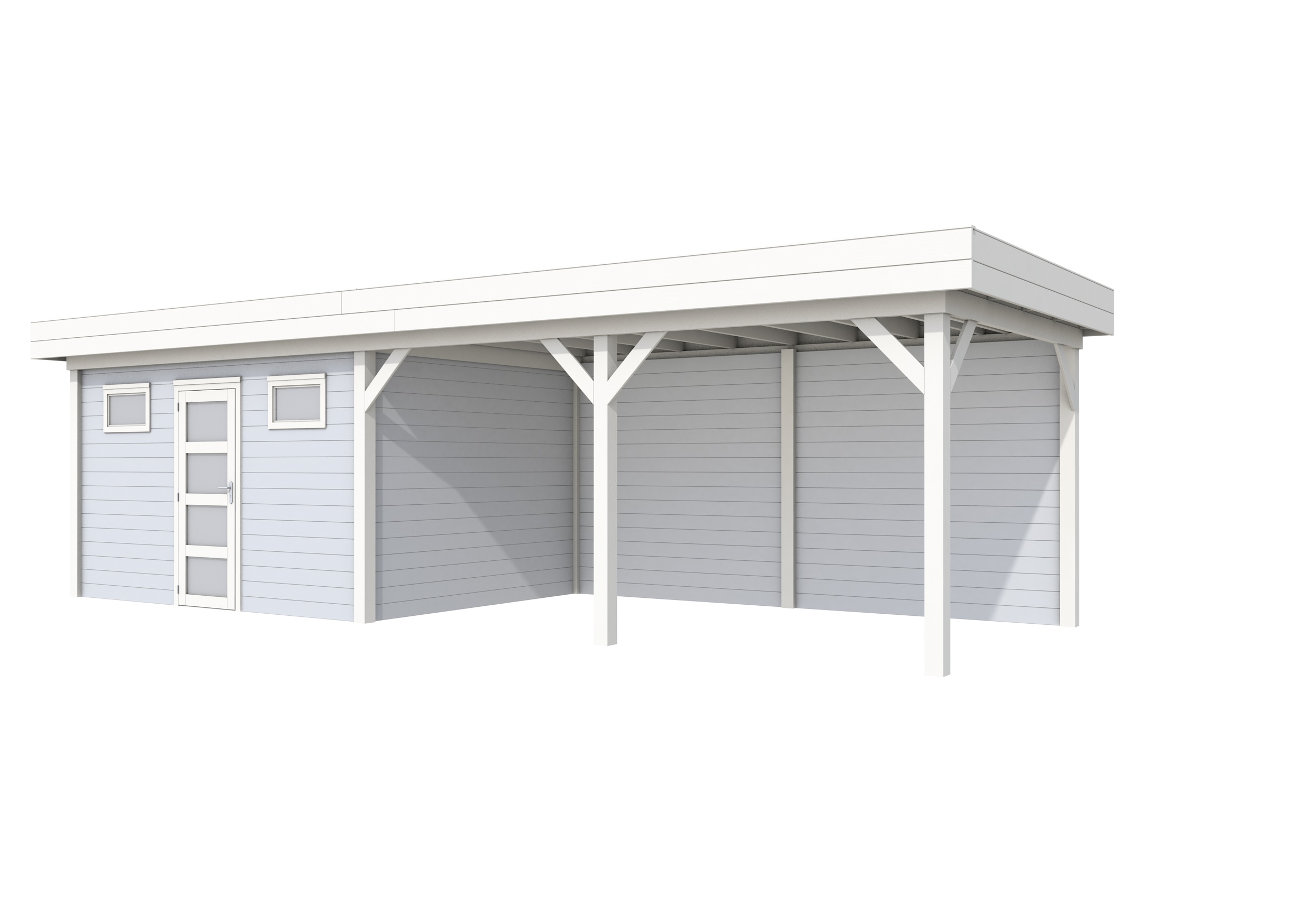 Vuren Topvision Kievit, 400 x 300 en luifel 500 cm, wanden lichtgrijs en basis wit.