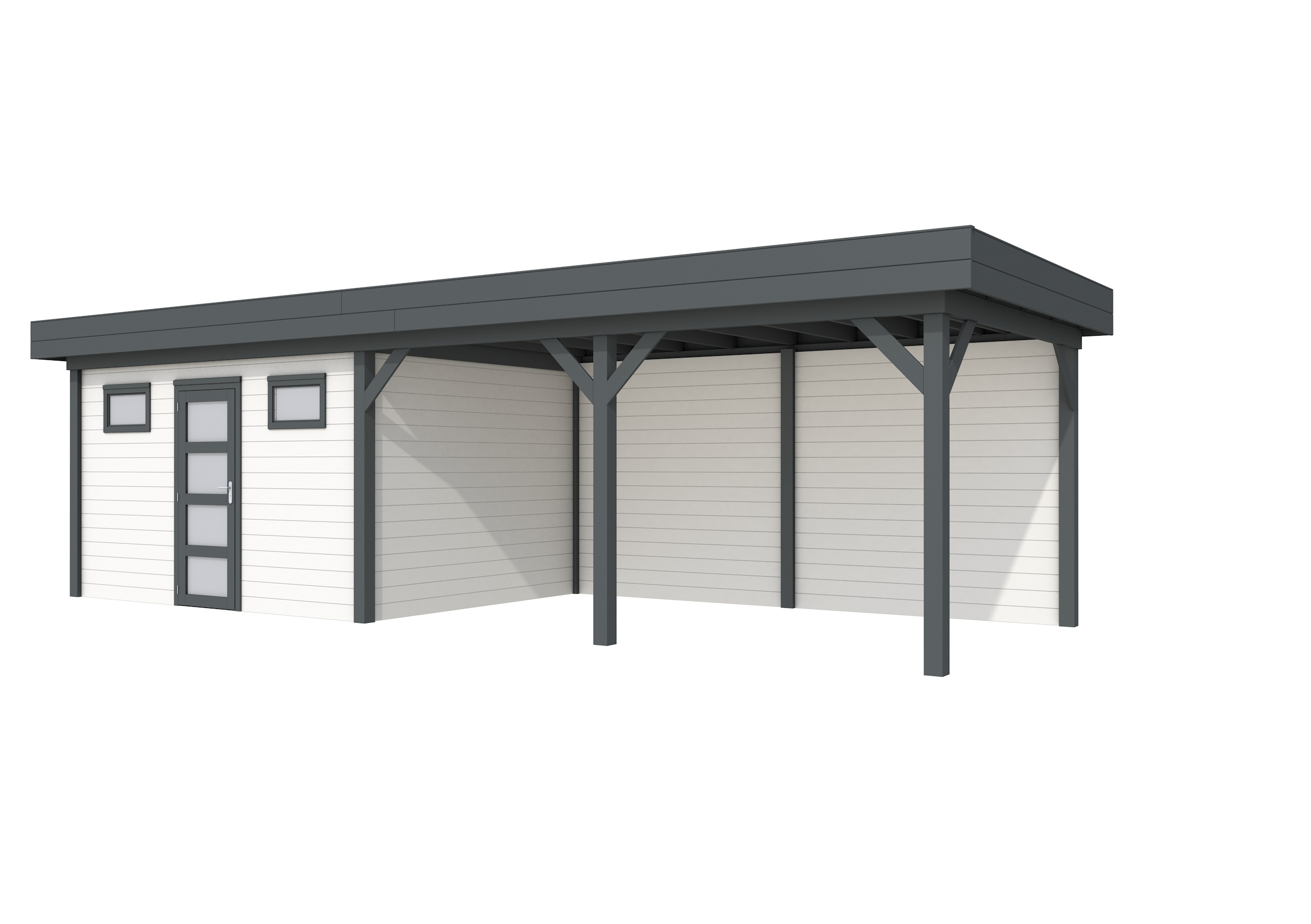 Vuren Topvision Kievit, 400 x 300 en luifel 500 cm, wanden wit en basis antraciet.
