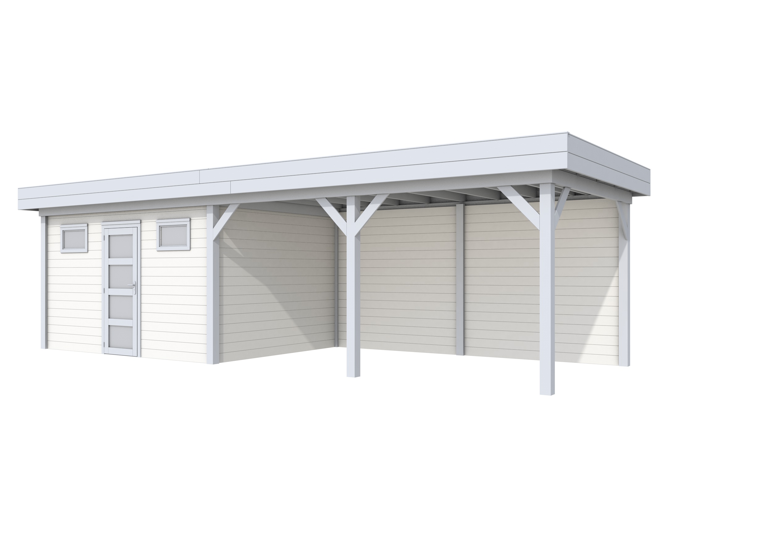 Vuren Topvision Kievit, 400 x 300 en luifel 500 cm, wanden wit en basis lichtgrijs.