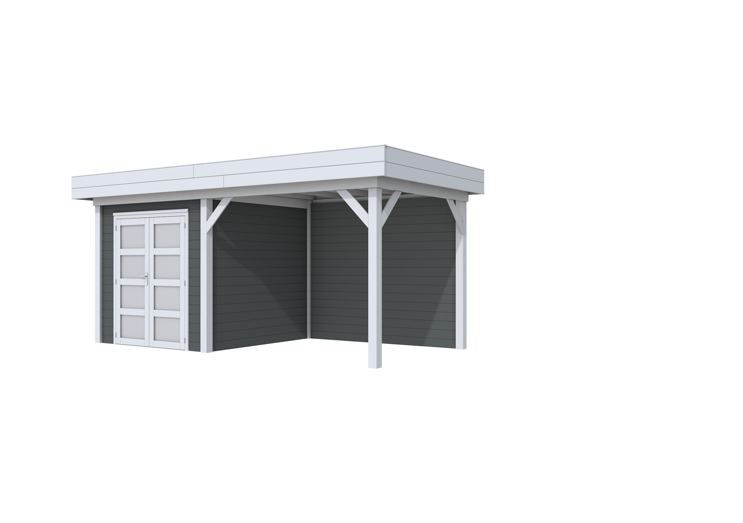 Vuren Topvision Kolibri, 250 x 250 en luifel 300 cm, wanden antraciet en basis lichtgrijs.