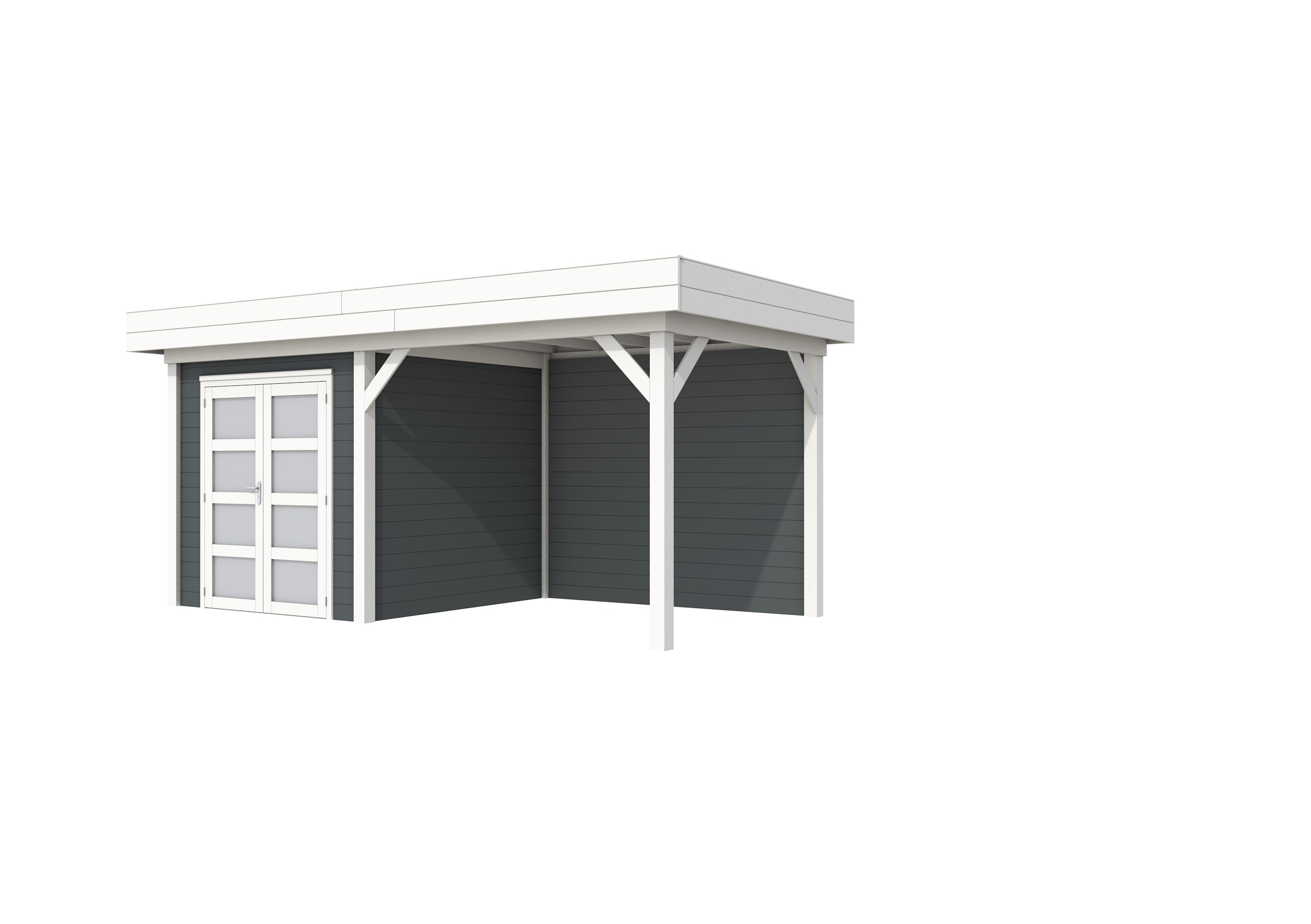 Vuren Topvision Kolibri, 250 x 250 en luifel 300 cm, wanden antraciet en basis wit.