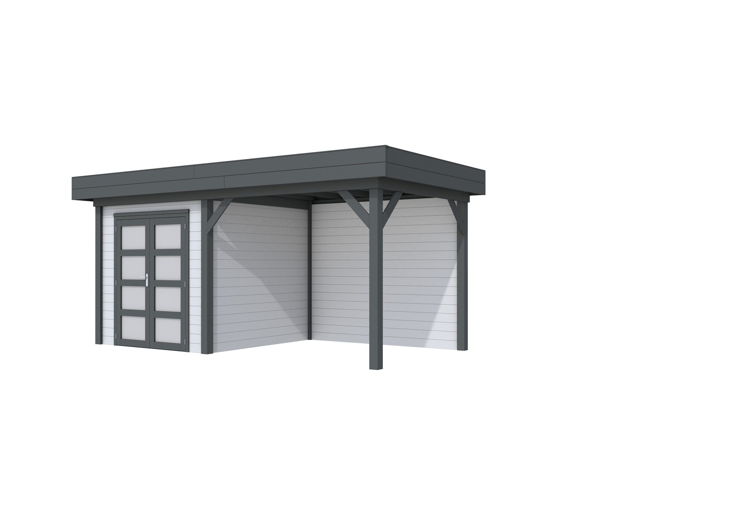 Vuren Topvision Kolibri, 250 x 250 en luifel 300 cm, wanden lichtgrijs en basis antraciet.