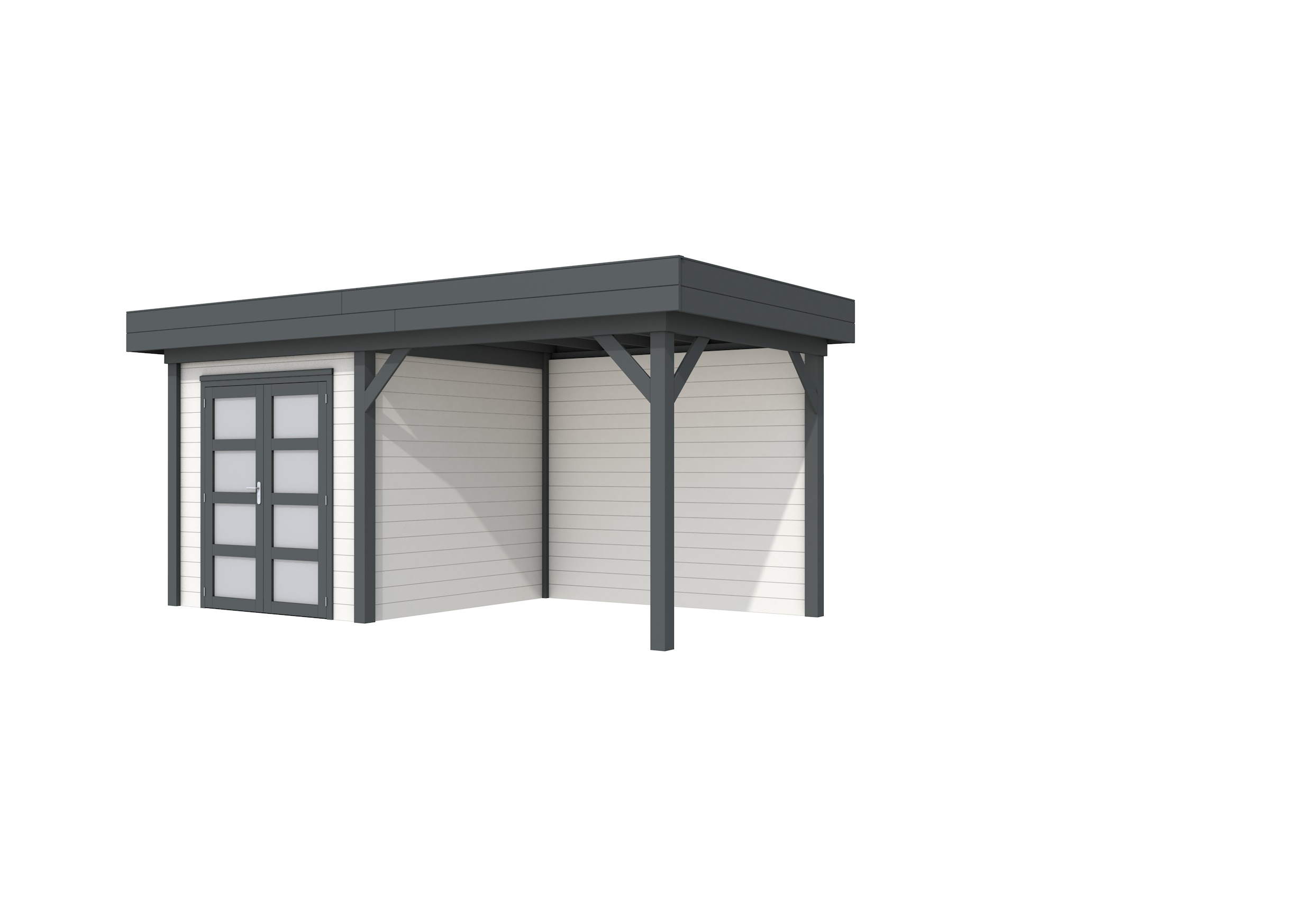 Vuren Topvision Kolibri, 250 x 250 en luifel 300 cm, wanden wit en basis antraciet.