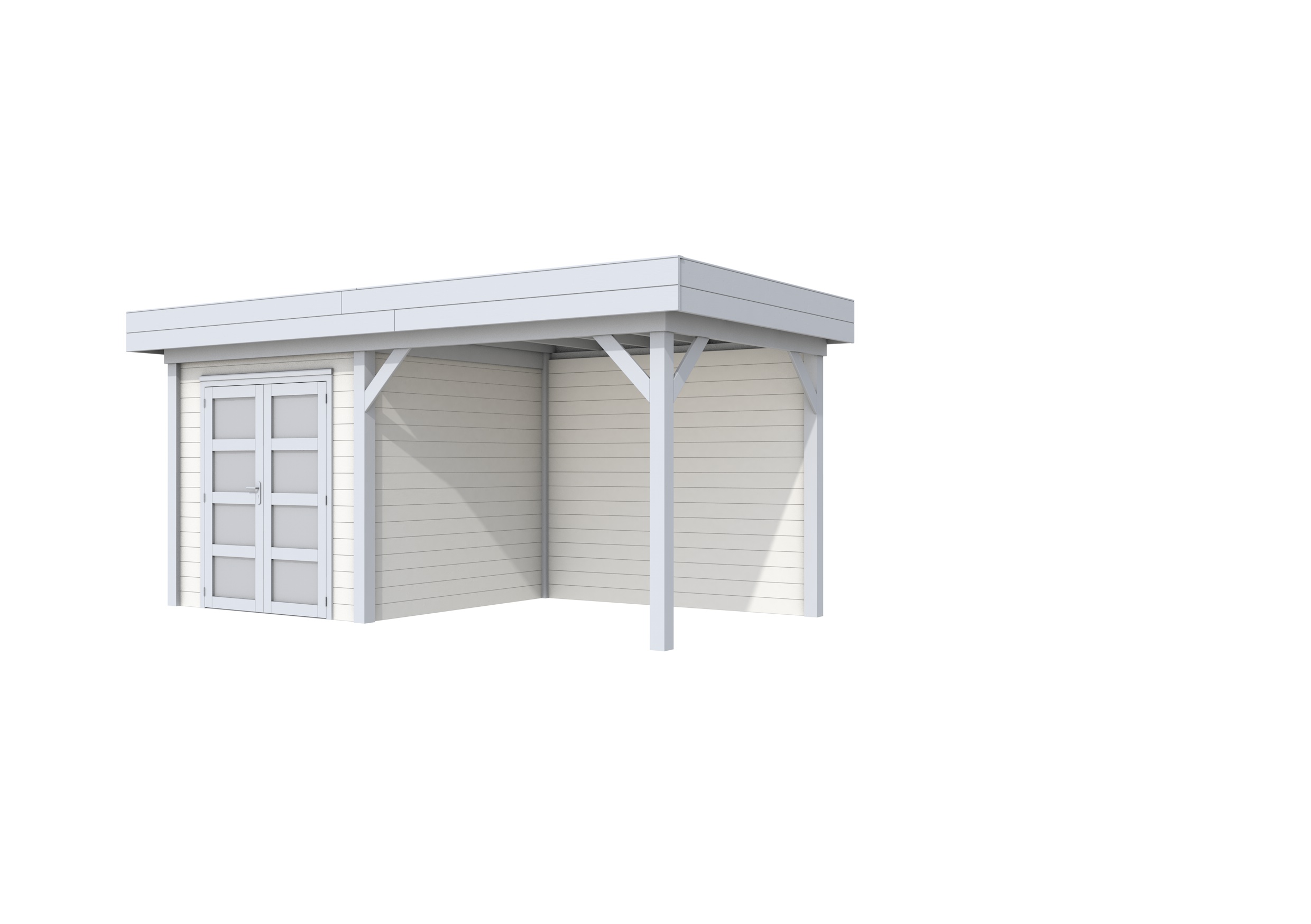 Vuren Topvision Kolibri, 250 x 250 en luifel 300 cm, wanden wit en basis lichtgrijs.