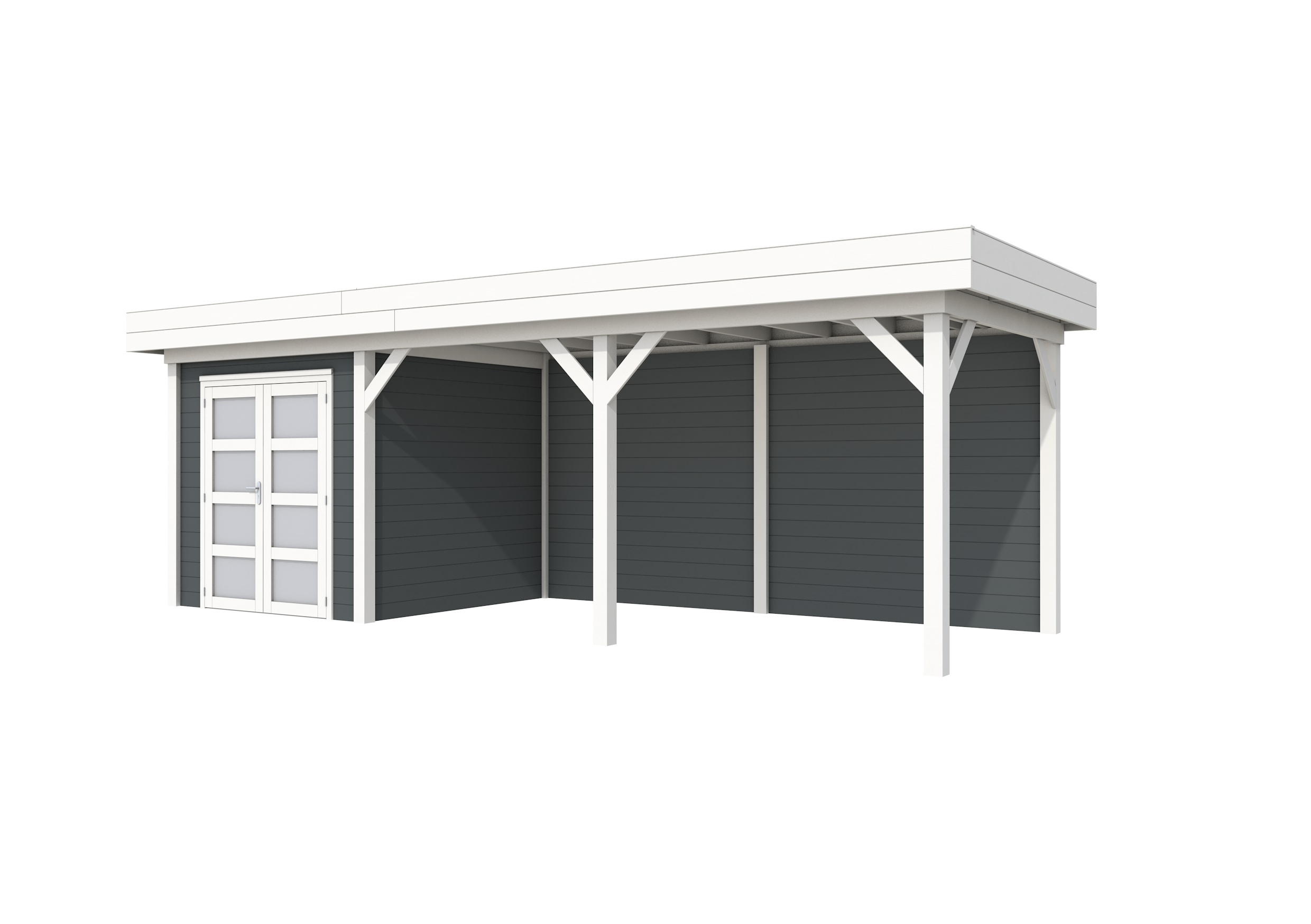 Vuren Topvision Kolibri, 250 x 250 en luifel 500 cm, wanden antraciet en basis wit.