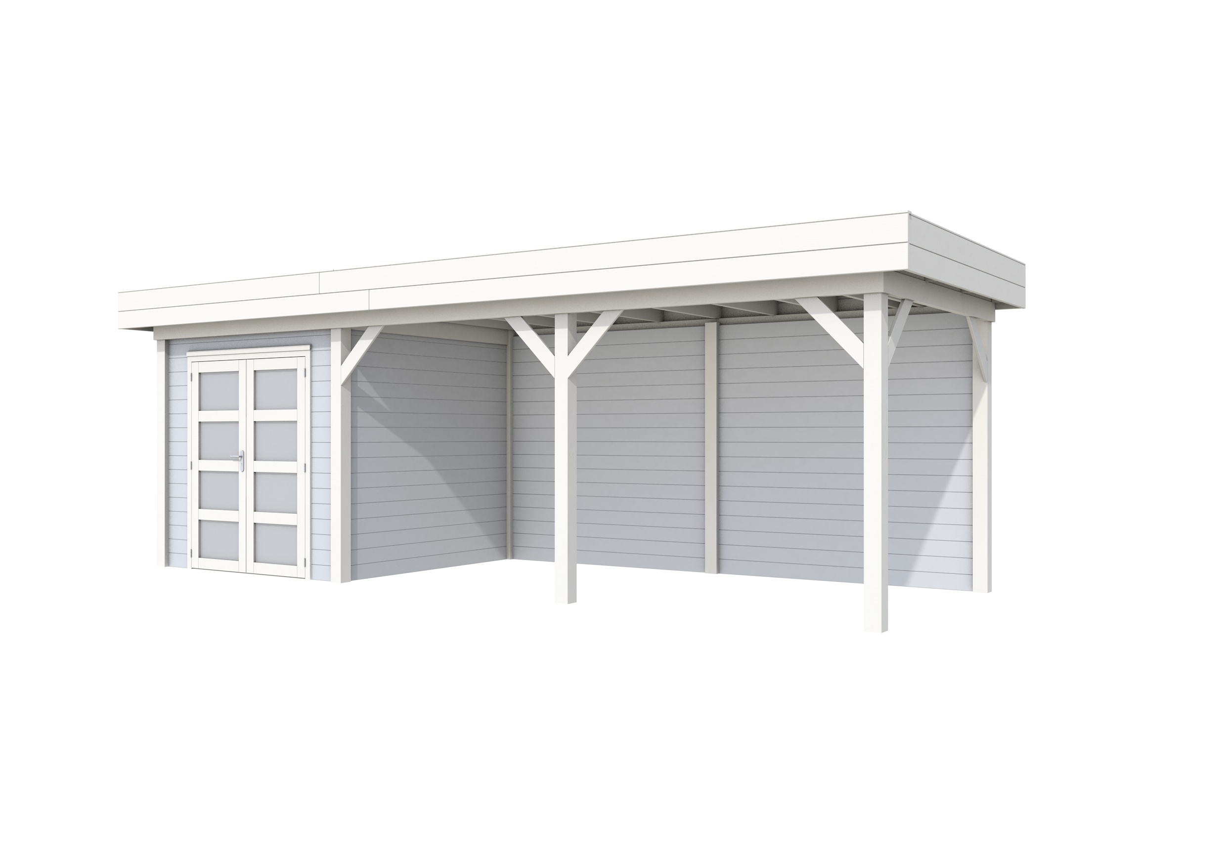 Vuren Topvision Kolibri, 250 x 250 en luifel 500 cm, wanden lichtgrijs en basis wit.