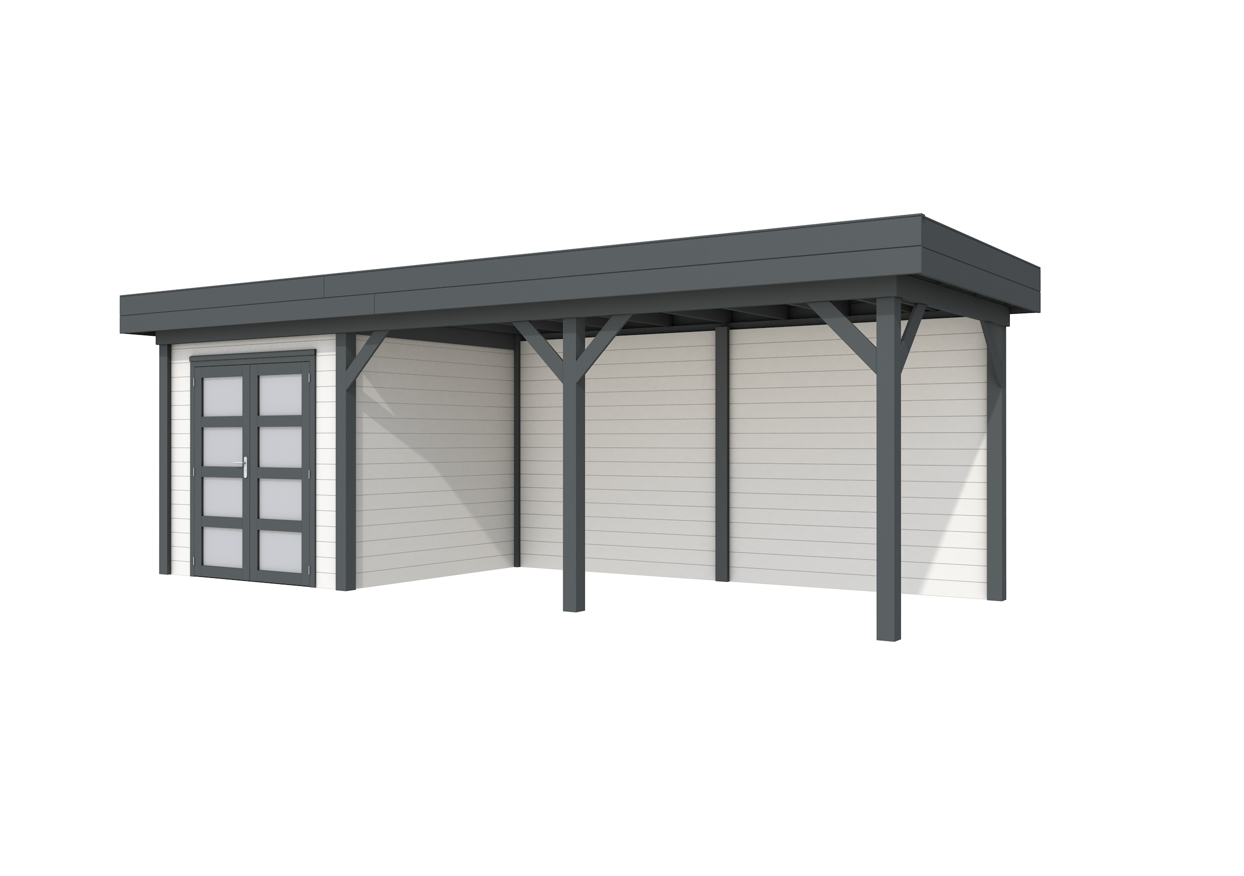 Vuren Topvision Kolibri, 250 x 250 en luifel 500 cm, wanden wit en basis antraciet.