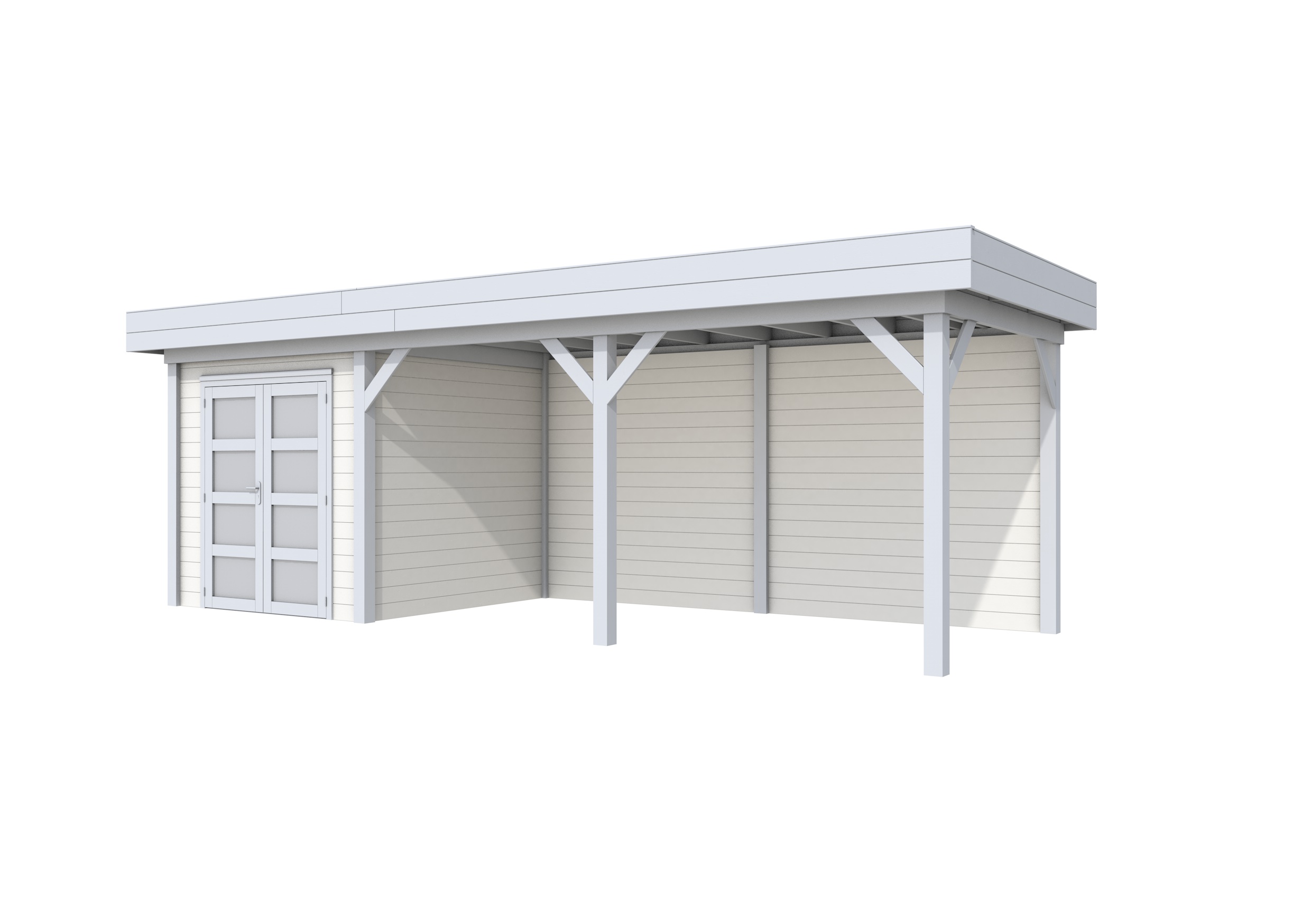 Vuren Topvision Kolibri, 250 x 250 en luifel 500 cm, wanden wit en basis lichtgrijs.