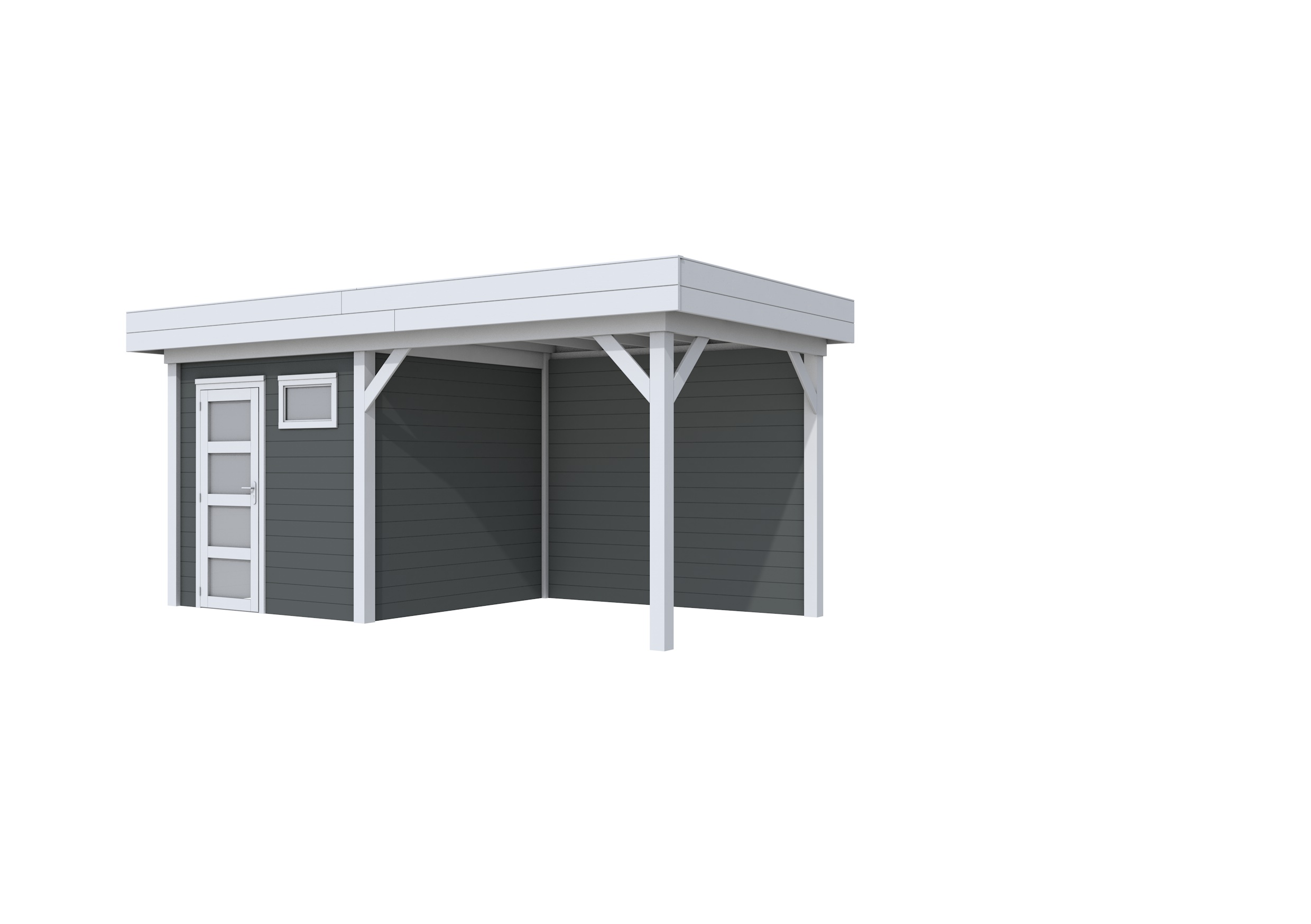 Vuren Topvision Kuifmees, 250 x 250 en luifel 300 cm, wanden antraciet en basis lichtgrijs.