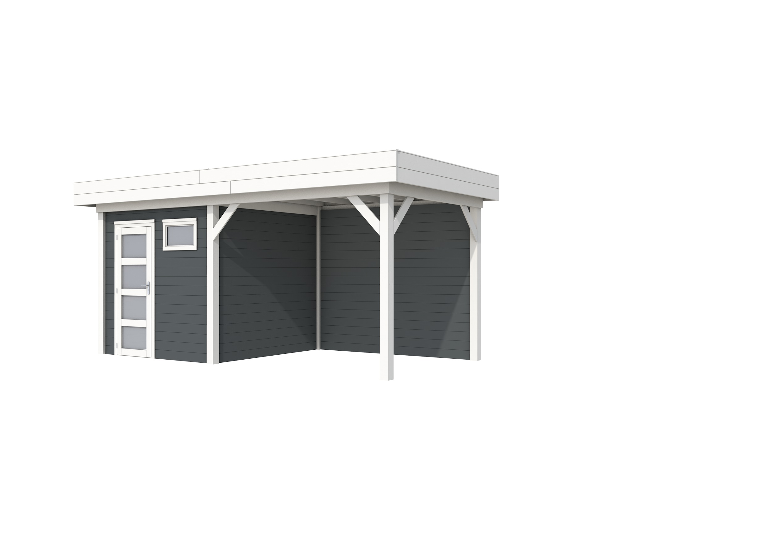 Vuren Topvision Kuifmees, 250 x 250 en luifel 300 cm, wanden antraciet en basis wit.