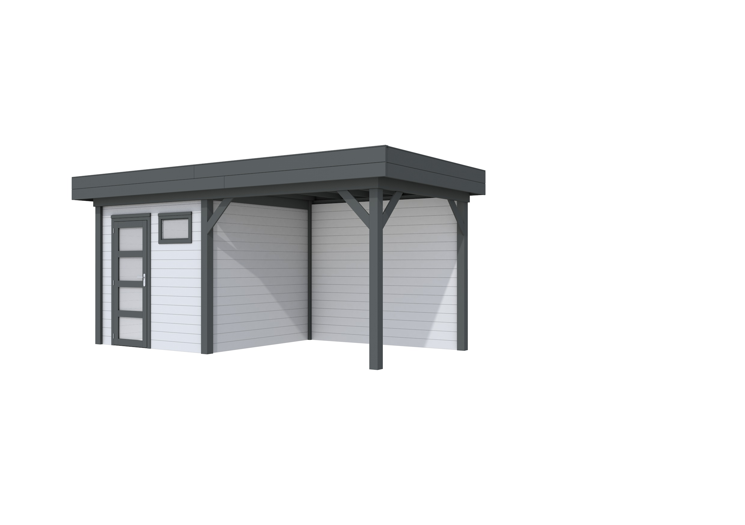 Vuren Topvision Kuifmees, 250 x 250 en luifel 300 cm, wanden lichtgrijs en basis antraciet.