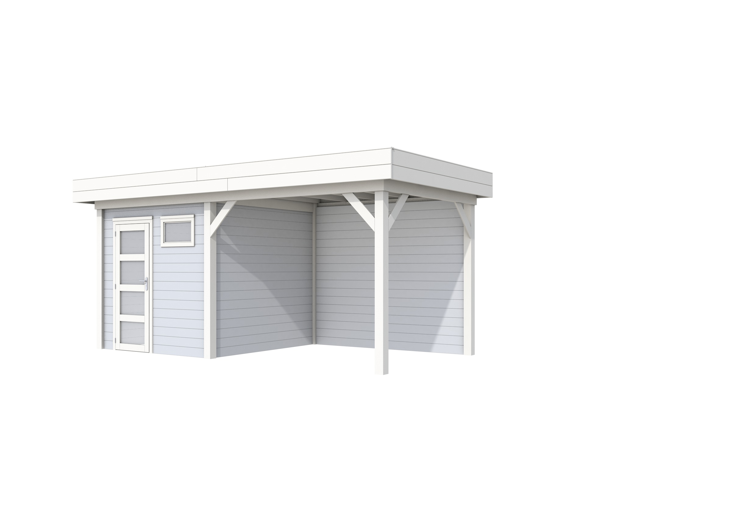 Vuren Topvision Kuifmees, 250 x 250 en luifel 300 cm, wanden lichtgrijs en basis wit.