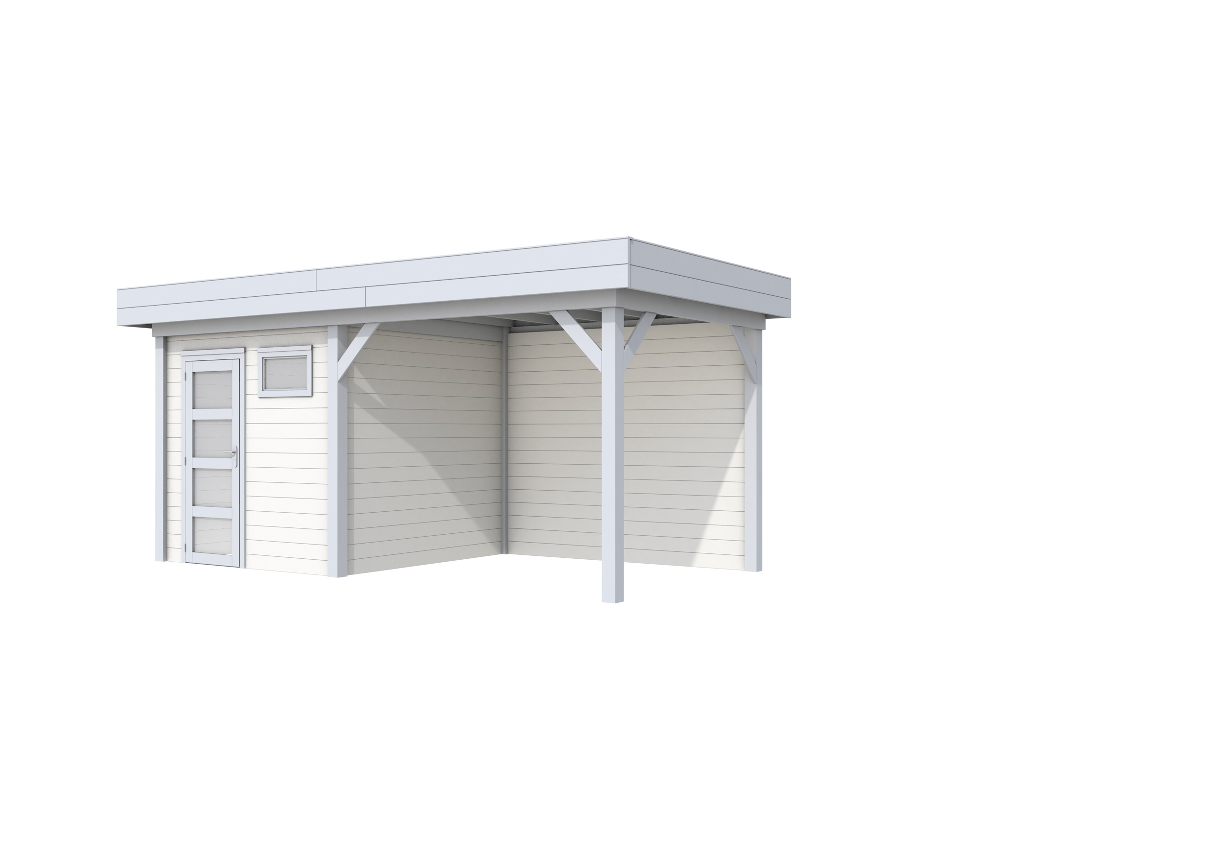 Vuren Topvision Kuifmees, 250 x 250 en luifel 300 cm, wanden wit en basis lichtgrijs.