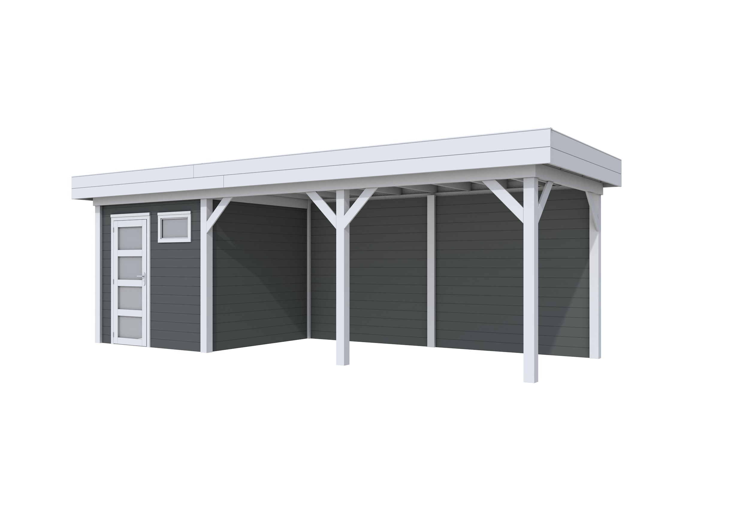 Vuren Topvision Kuifmees, 250 x 250 en luifel 500 cm, wanden antraciet en basis lichtgrijs.