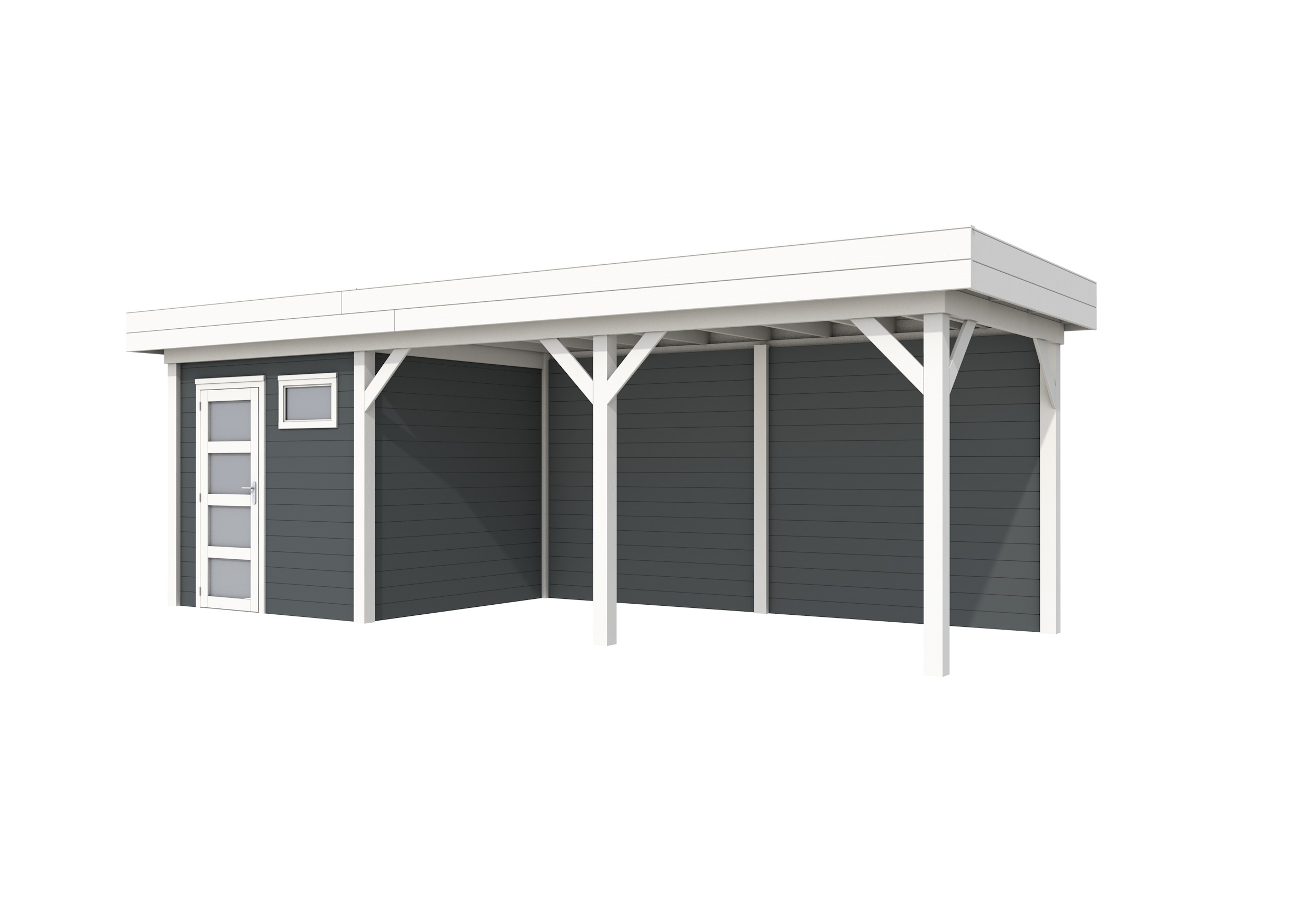 Vuren Topvision Kuifmees, 250 x 250 en luifel 500 cm, wanden antraciet en basis wit.