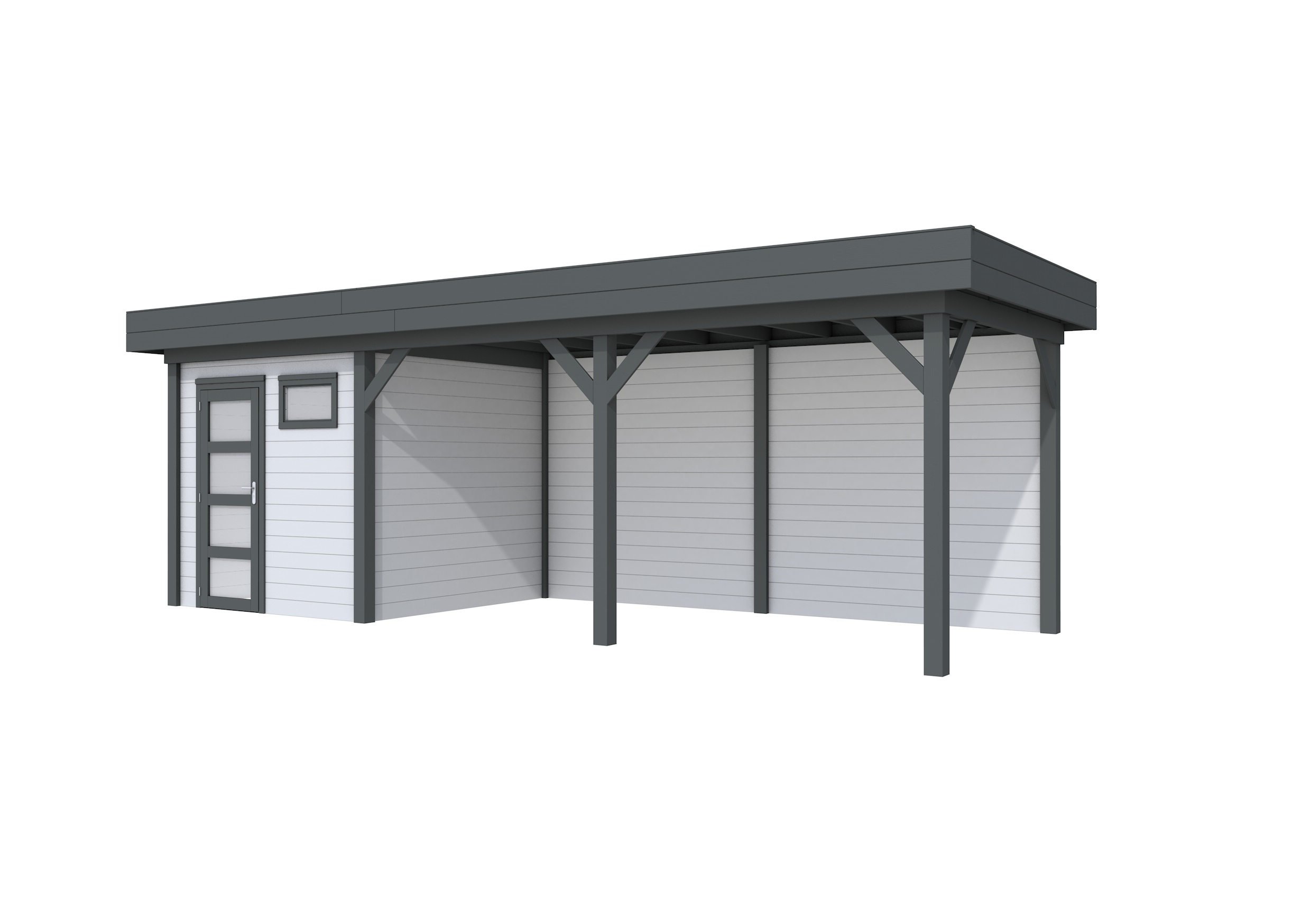 Vuren Topvision Kuifmees, 250 x 250 en luifel 500 cm, wanden lichtgrijs en basis antraciet.