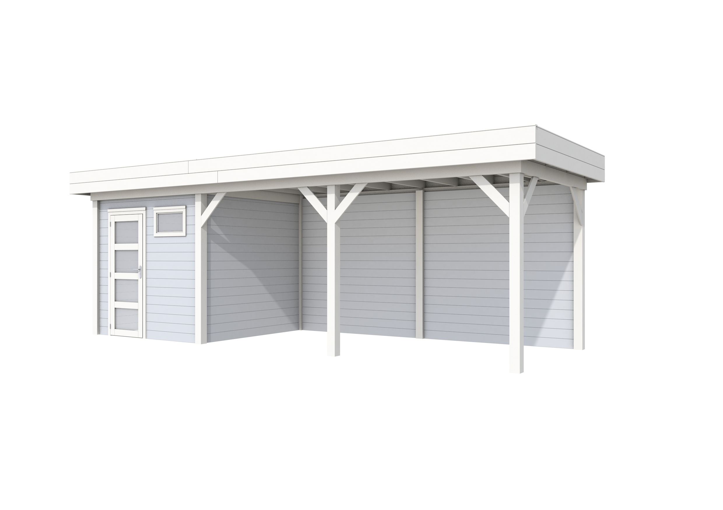 Vuren Topvision Kuifmees, 250 x 250 en luifel 500 cm, wanden lichtgrijs en basis wit.