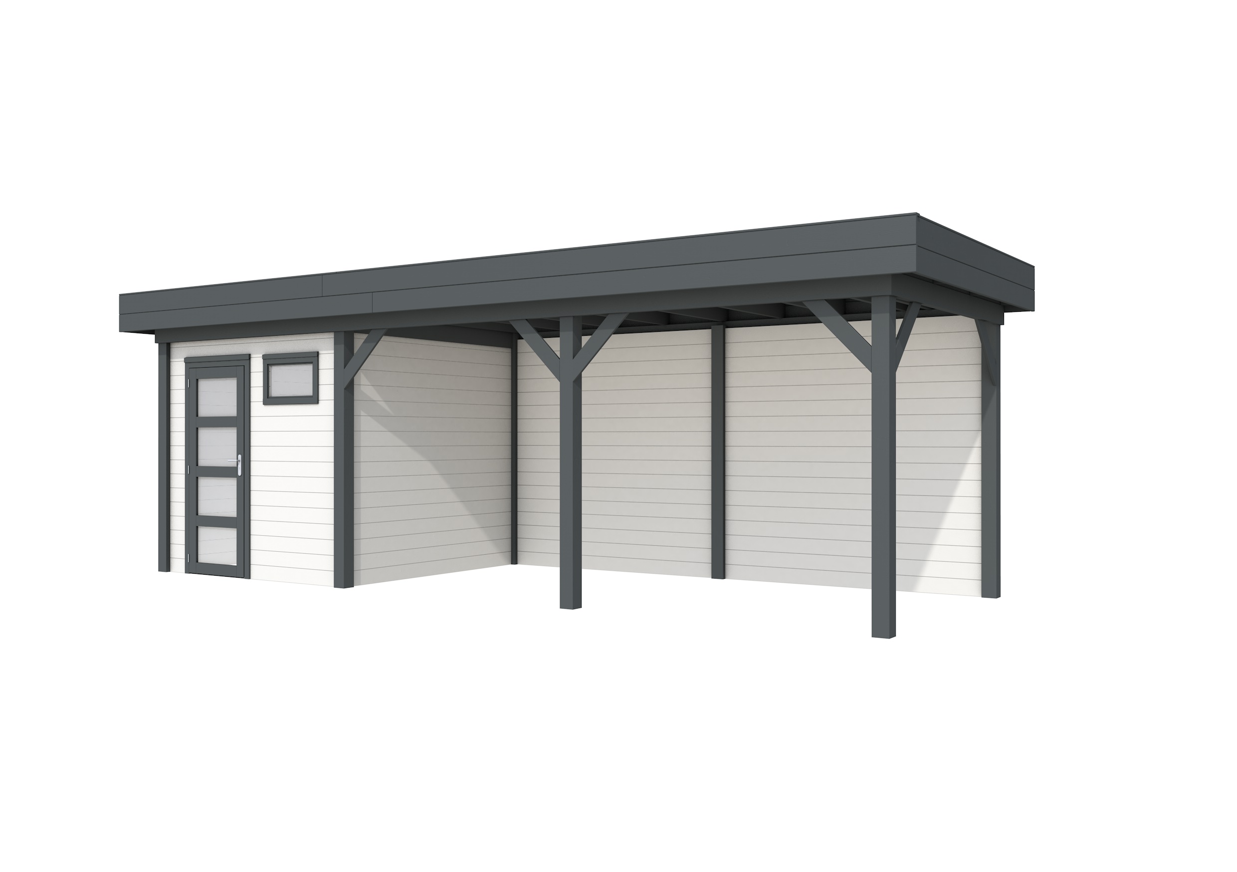 Vuren Topvision Kuifmees, 250 x 250 en luifel 500 cm, wanden wit en basis antraciet.