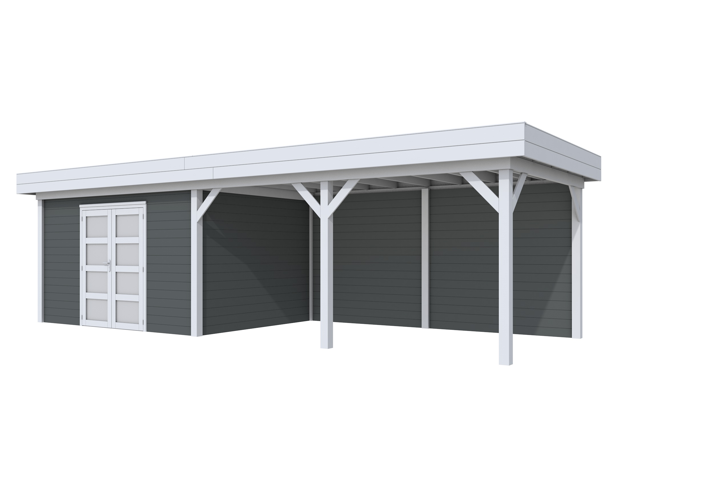 Vuren Topvision Parelhoen, 400 x 300 en luifel 500 cm, wanden antraciet en basis lichtgrijs.