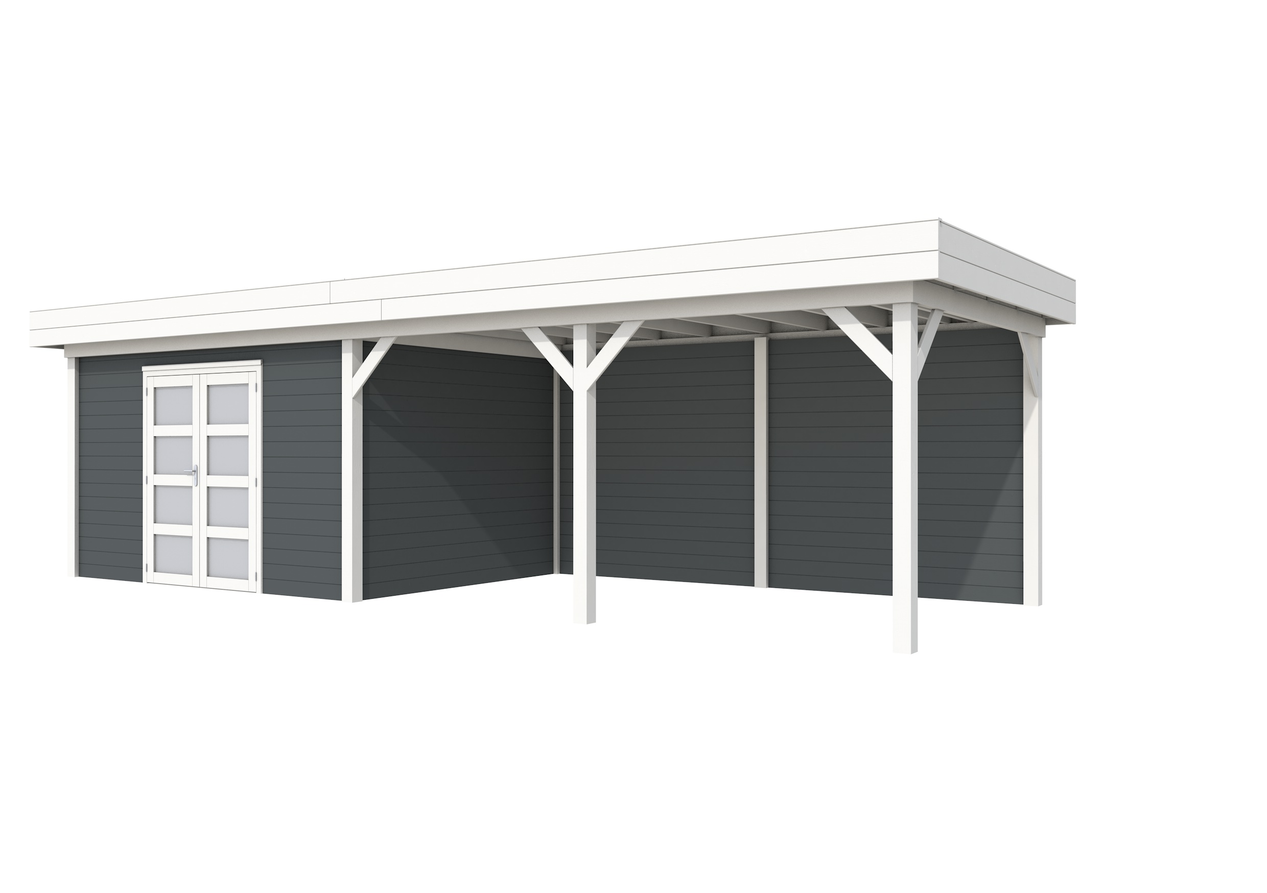 Vuren Topvision Parelhoen, 400 x 300 en luifel 500 cm, wanden antraciet en basis wit.