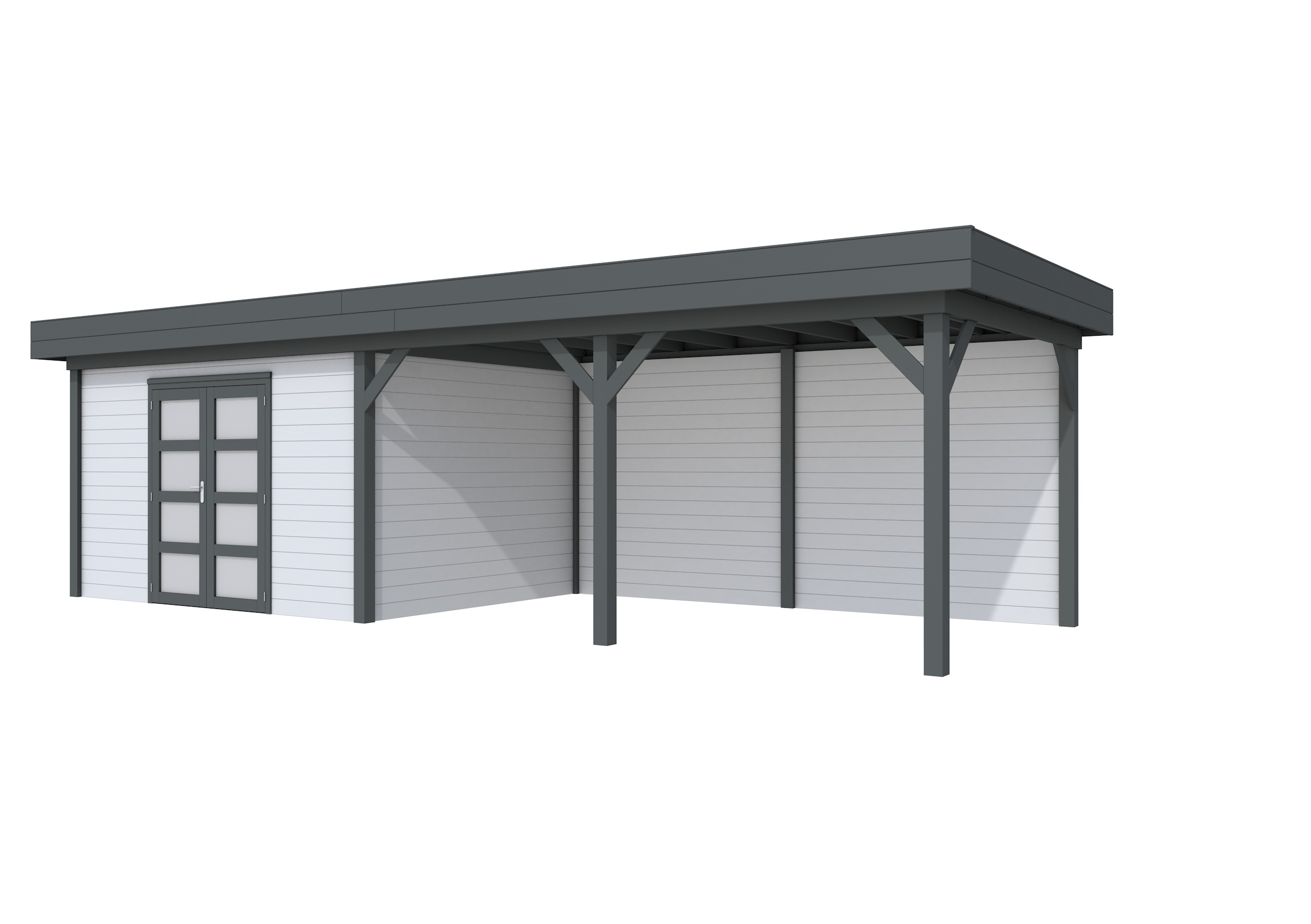 Vuren Topvision Parelhoen, 400 x 300 en luifel 500 cm, wanden lichtgrijs en basis antraciet.