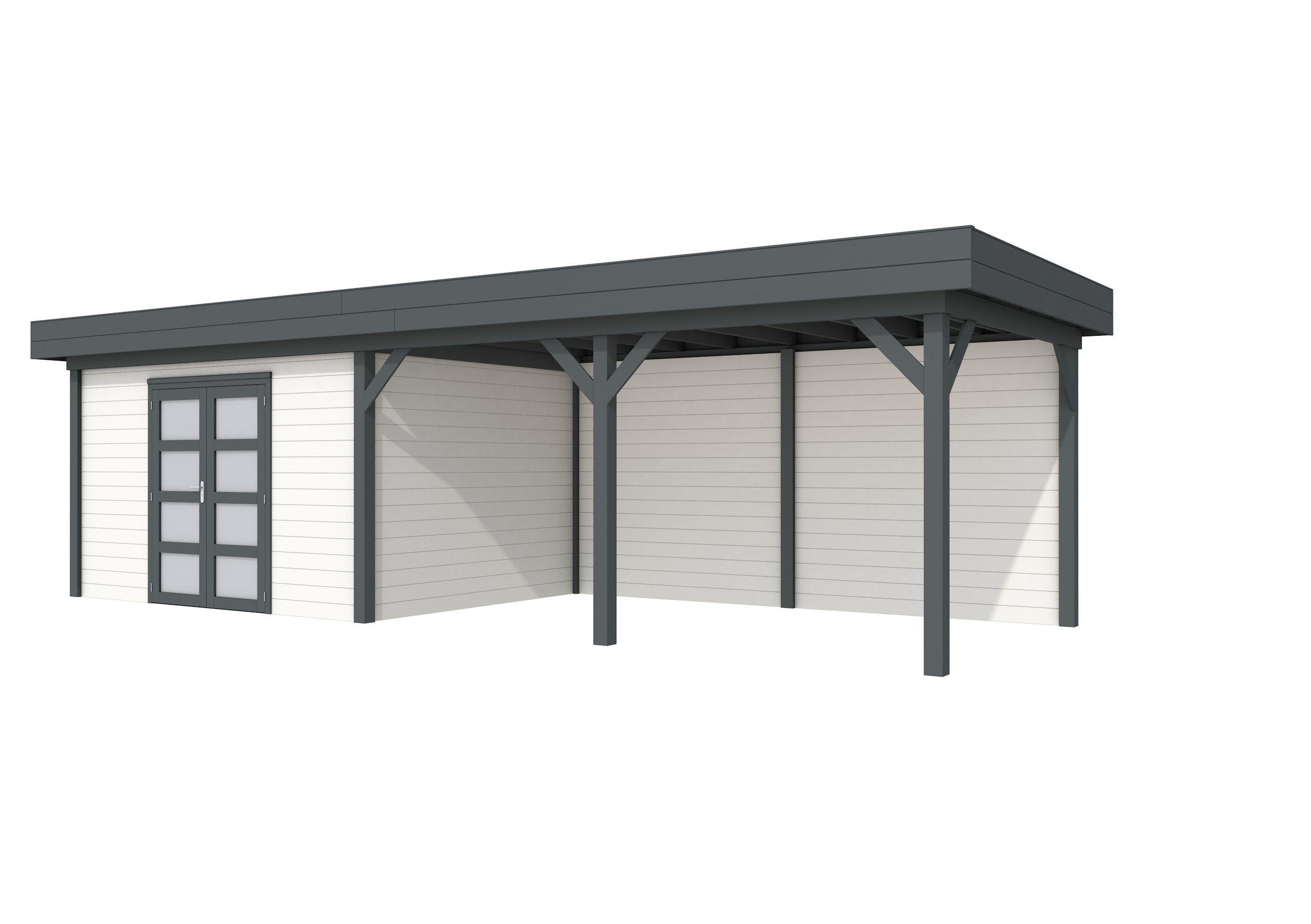 Vuren Topvision Parelhoen, 400 x 300 en luifel 500 cm, wanden wit en basis antraciet.