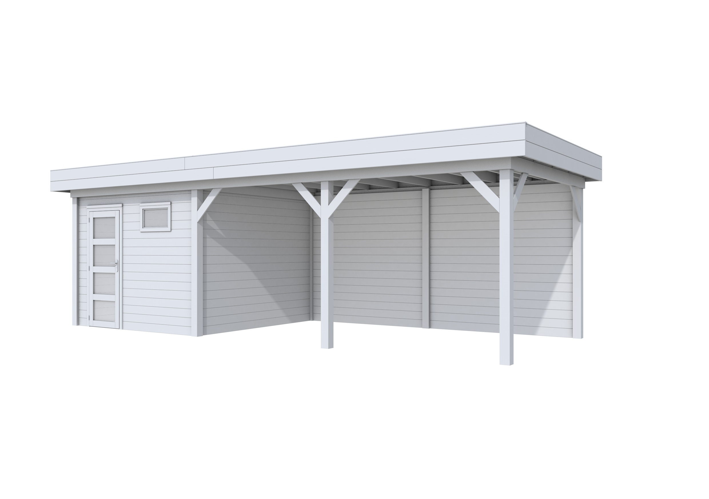 Vuren Topvision Tapuit, 300 x 300 en luifel 500 cm, lichtgrijs gespoten.