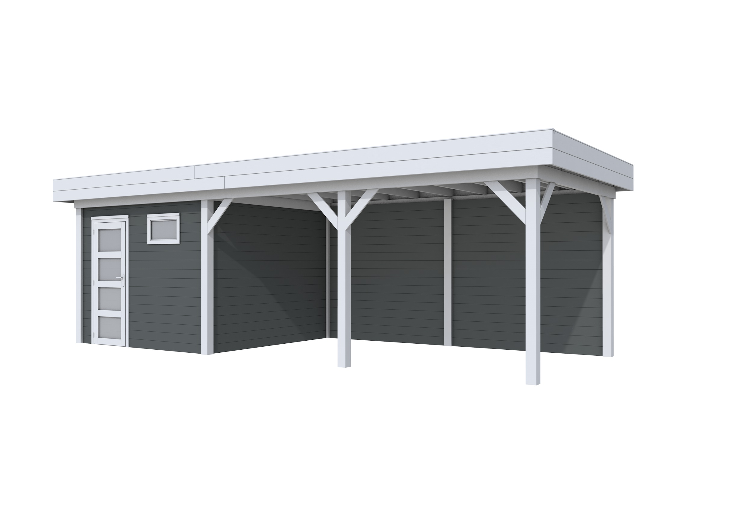 Vuren Topvision Tapuit, 300 x 300 en luifel 500 cm, wanden antraciet en basis lichtgrijs.