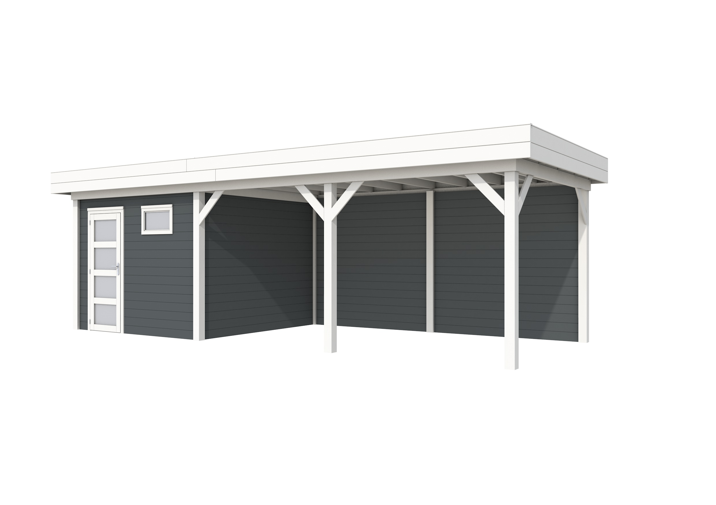 Vuren Topvision Tapuit, 300 x 300 en luifel 500 cm, wanden antraciet en basis wit.