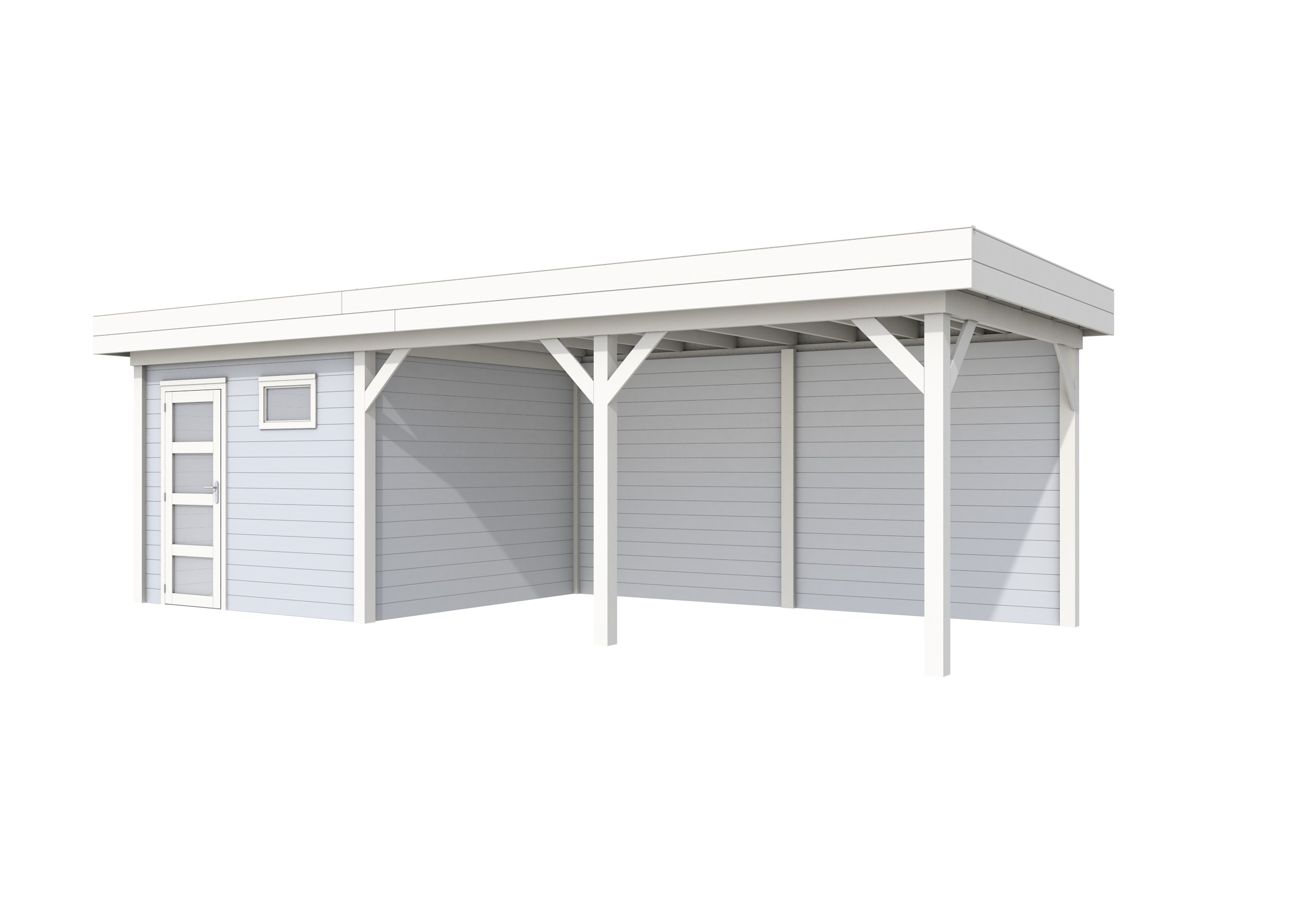 Vuren Topvision Tapuit, 300 x 300 en luifel 500 cm, wanden lichtgrijs en basis wit.