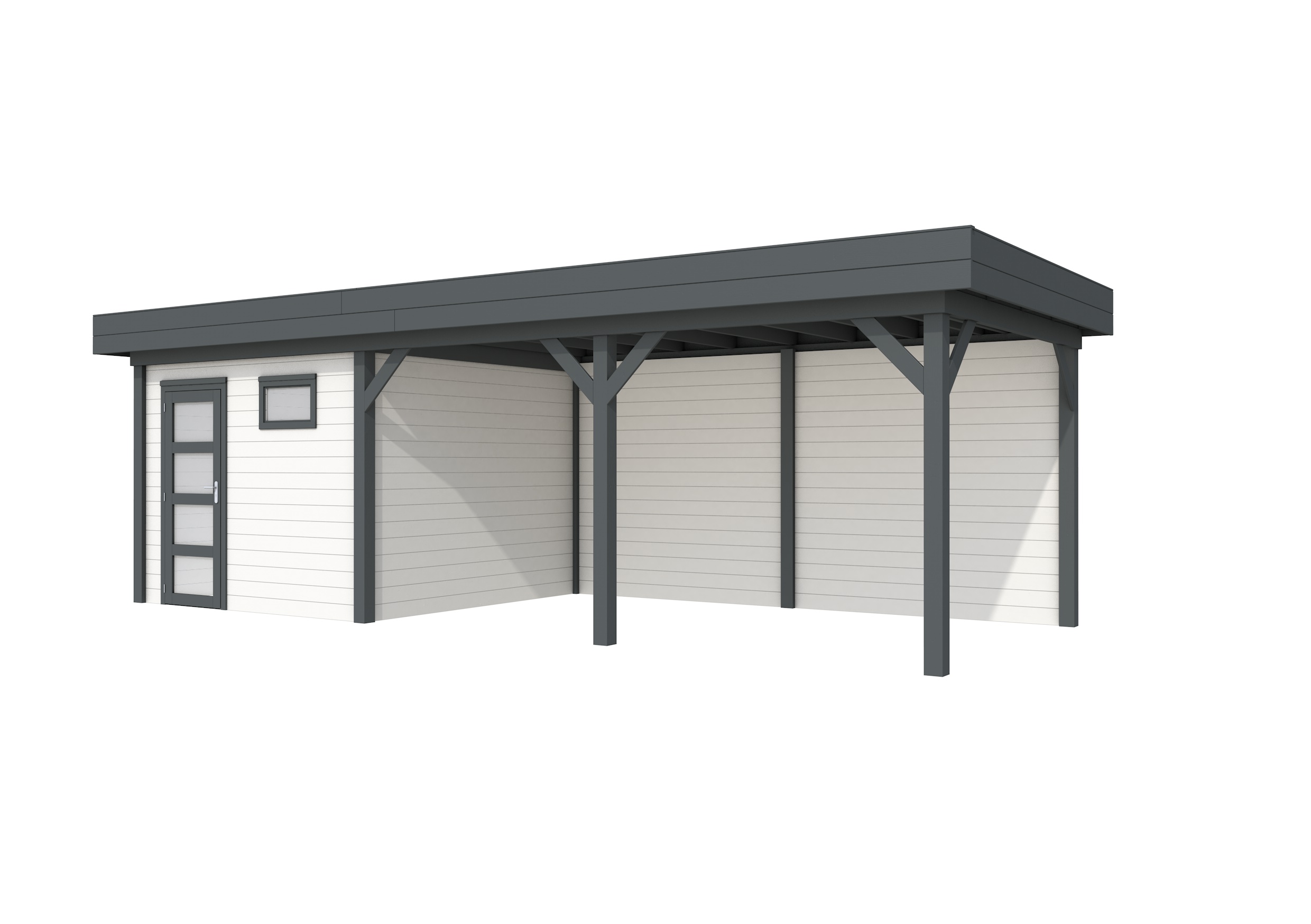 Vuren Topvision Tapuit, 300 x 300 en luifel 500 cm, wanden wit en basis antraciet.