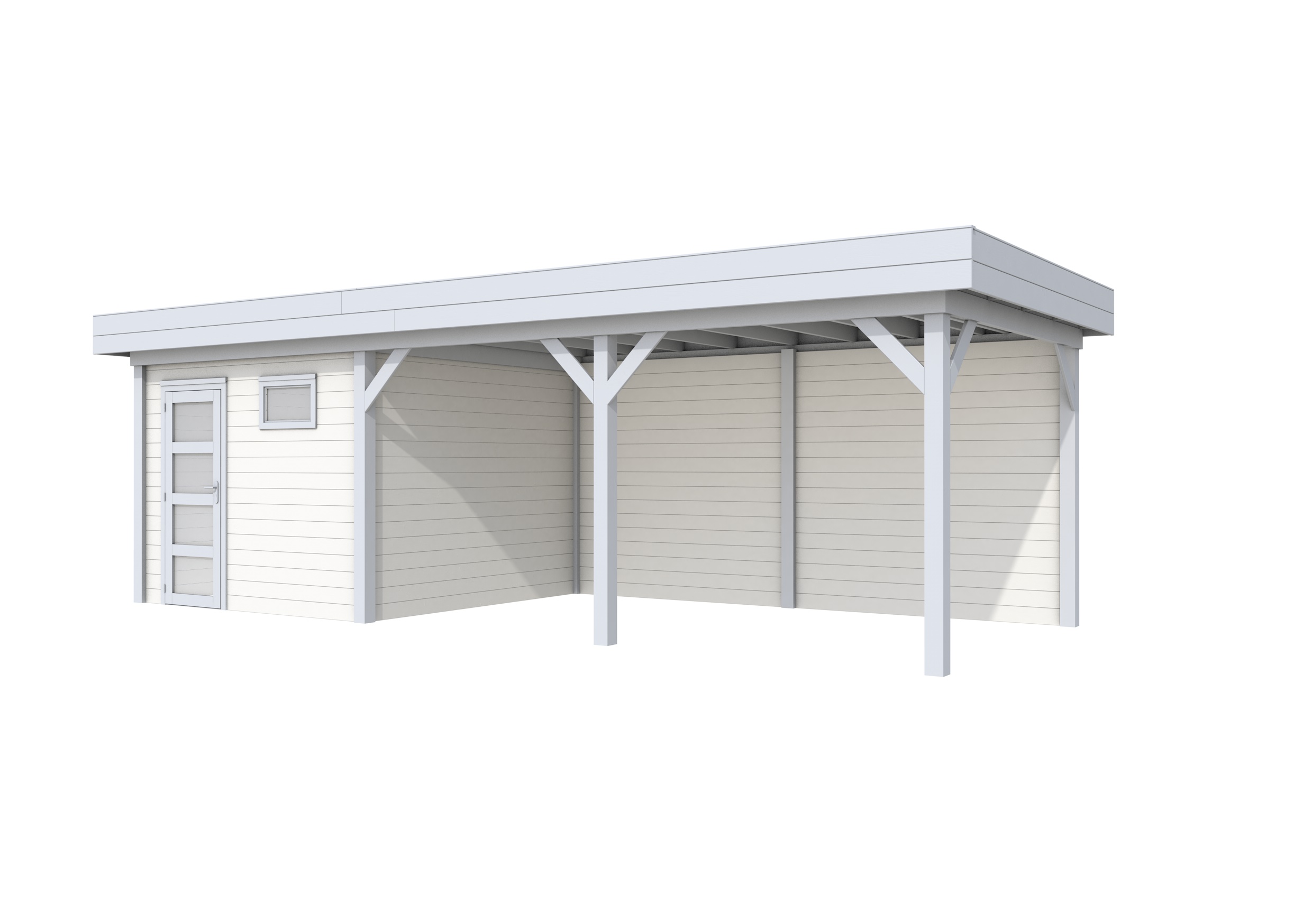 Vuren Topvision Tapuit, 300 x 300 en luifel 500 cm, wanden wit en basis lichtgrijs.