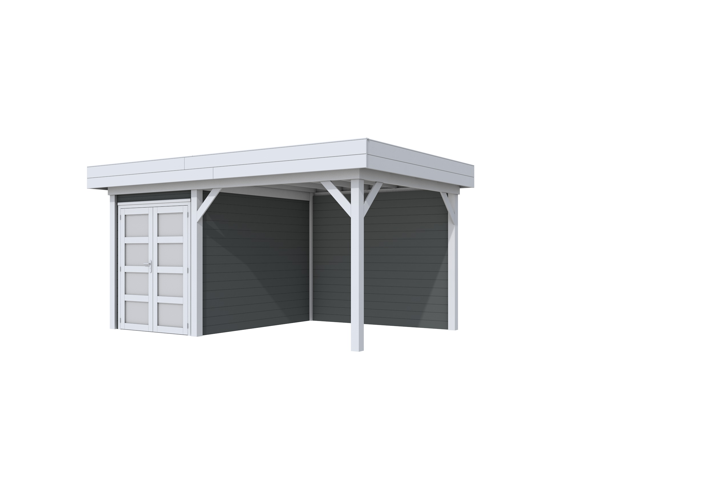 Vuren Topvision Zwaluw, 200 x 300 en luifel 300 cm, wanden antraciet en basis lichtgrijs.