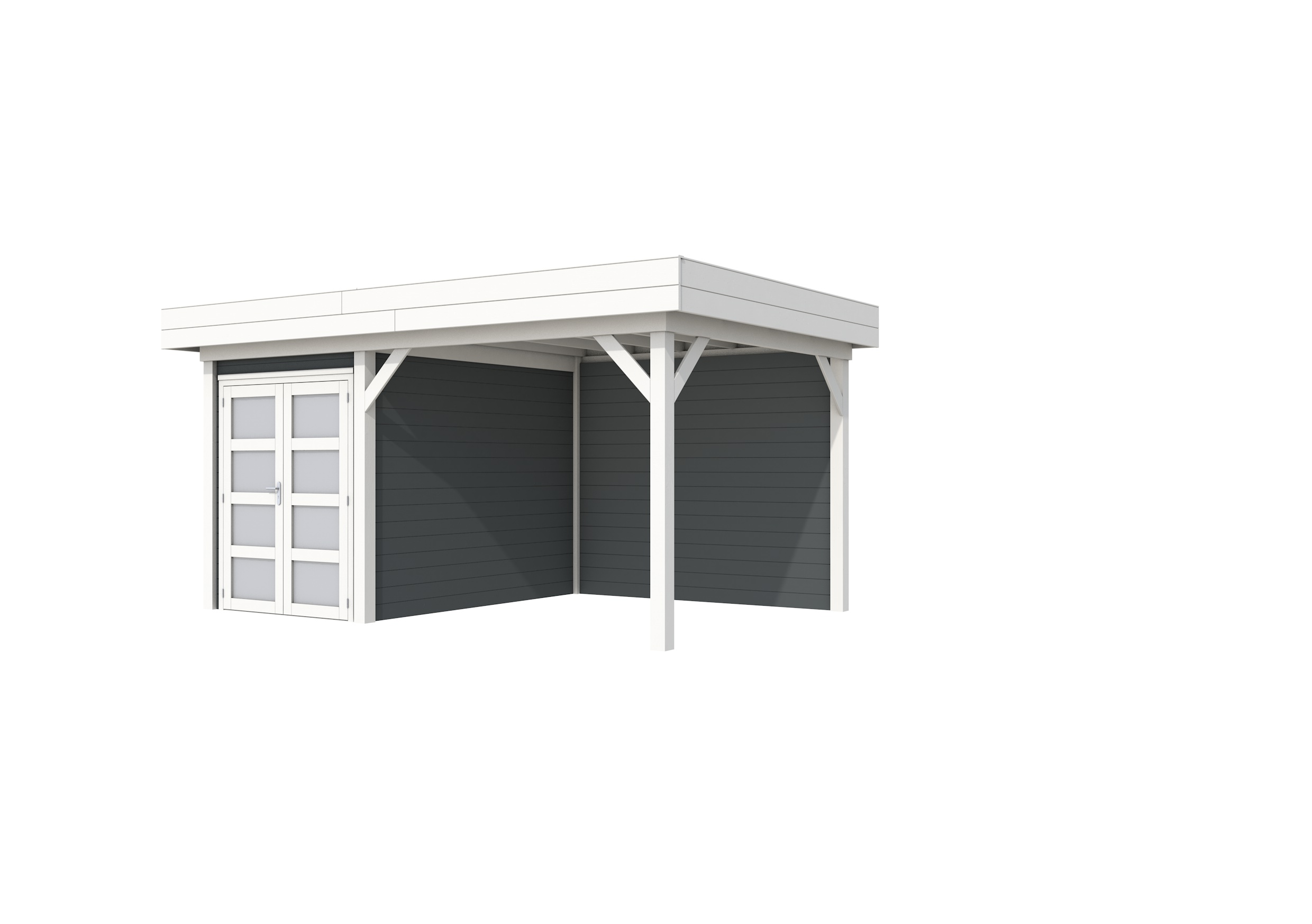 Vuren Topvision Zwaluw, 200 x 300 en luifel 300 cm, wanden antraciet en basis wit.