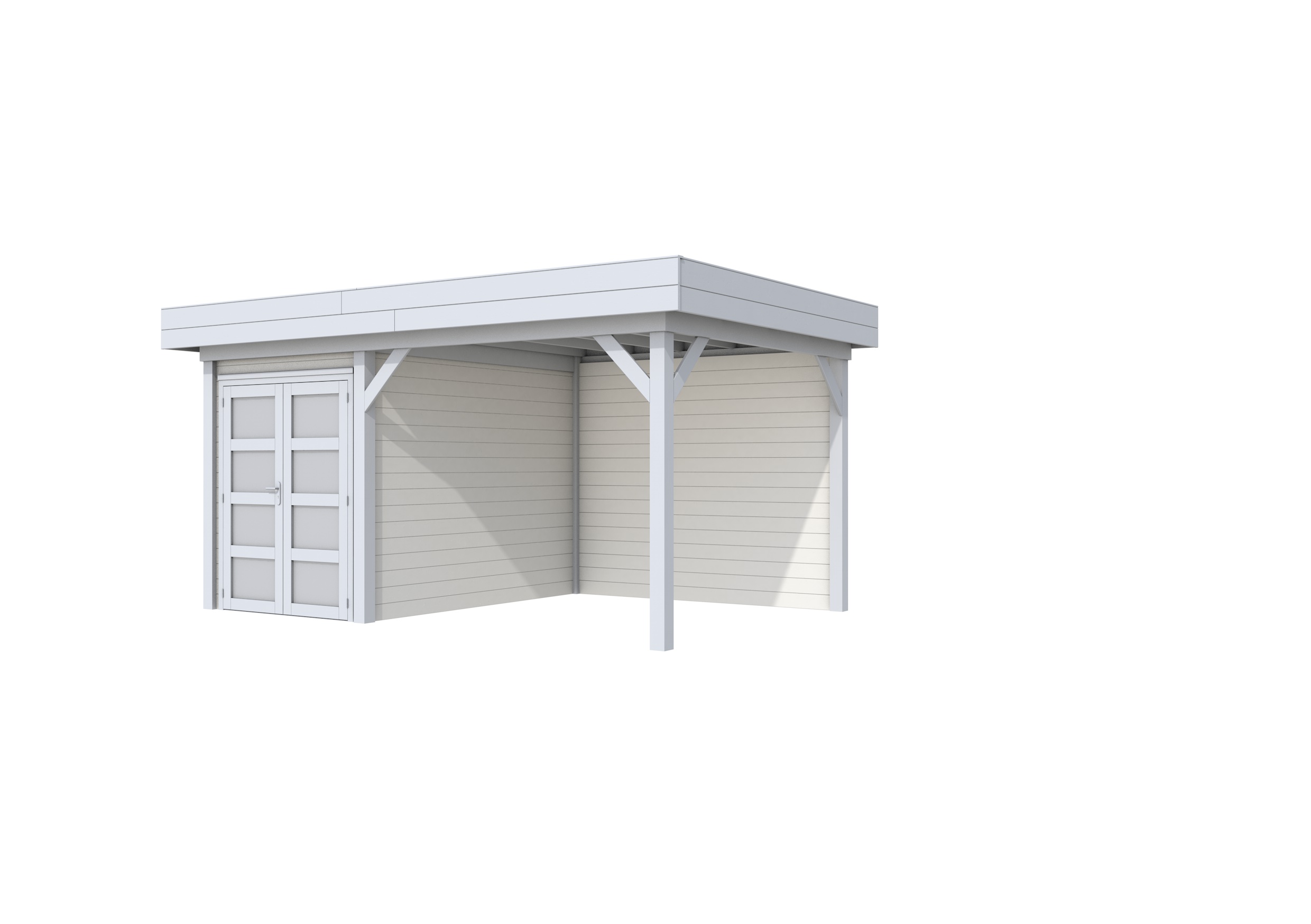 Vuren Topvision Zwaluw, 200 x 300 en luifel 300 cm, wanden wit en basis lichtgrijs.