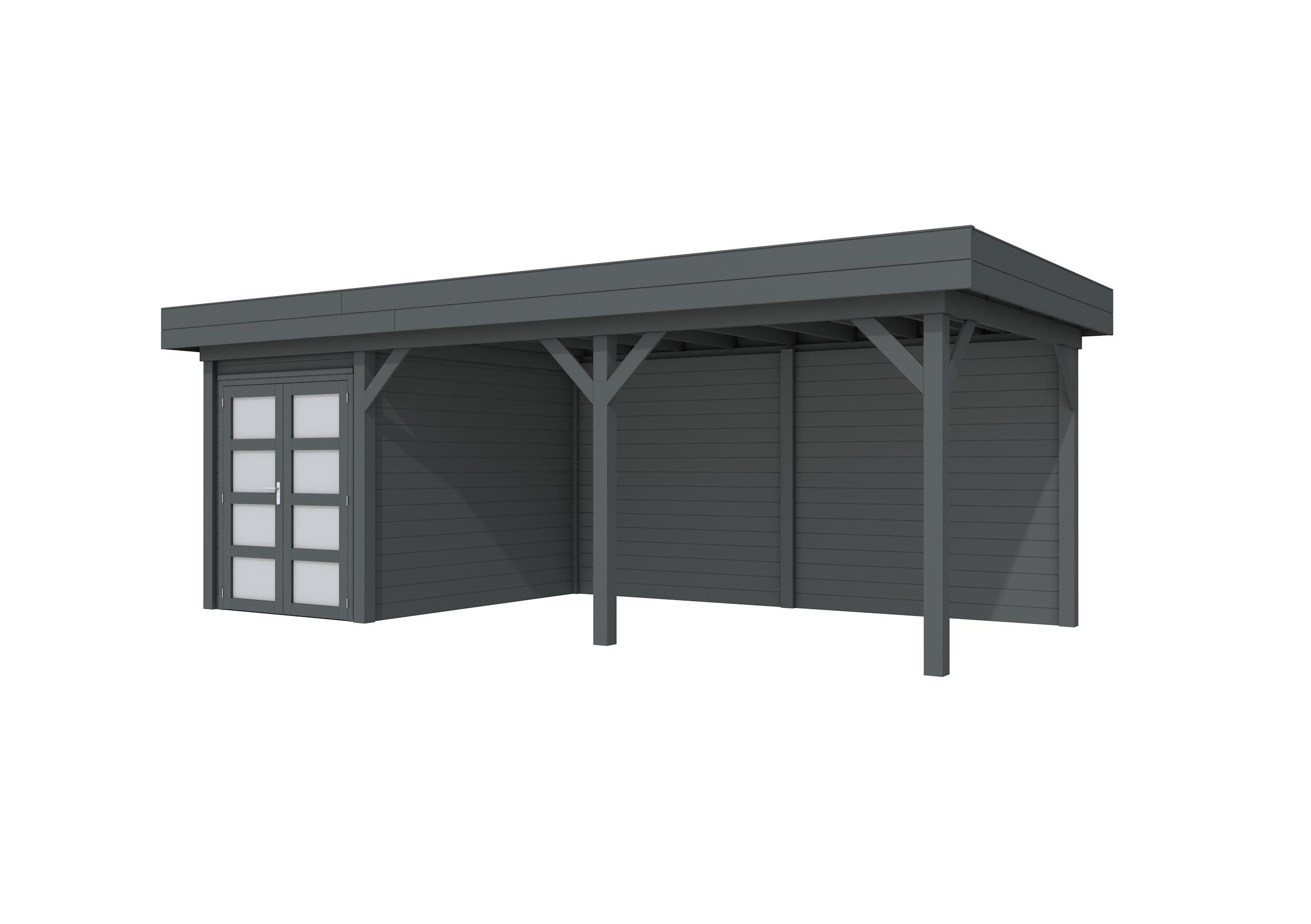 Vuren Topvision Zwaluw, 200 x 300 en luifel 500 cm, antraciet gespoten.