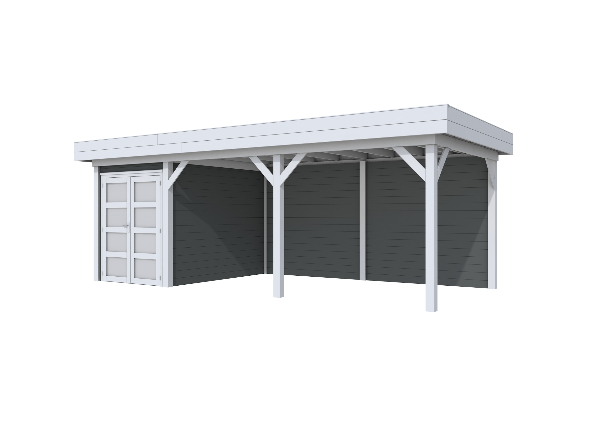 Vuren Topvision Zwaluw, 200 x 300 en luifel 500 cm, wanden antraciet en basis lichtgrijs.