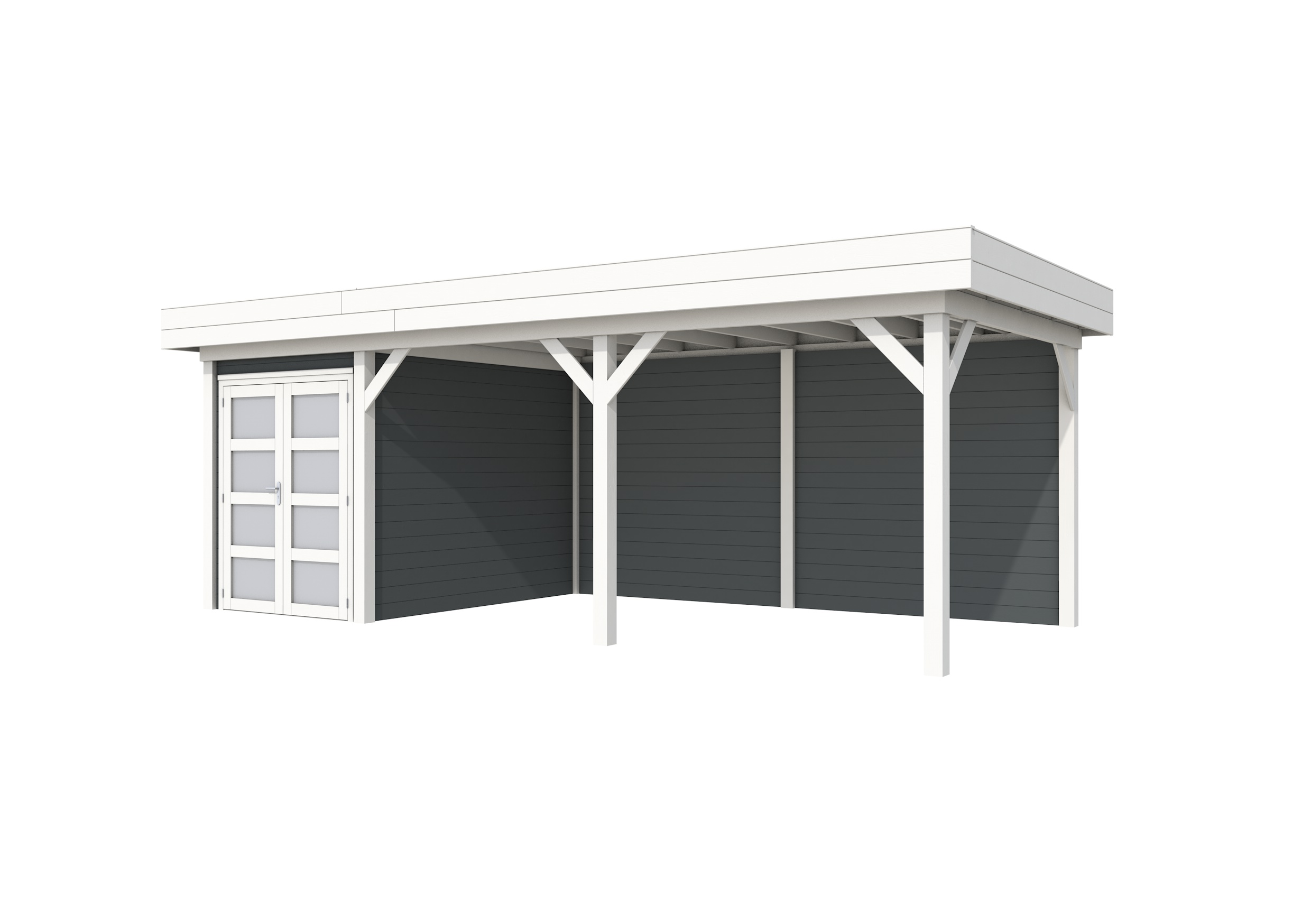 Vuren Topvision Zwaluw, 200 x 300 en luifel 500 cm, wanden antraciet en basis wit.