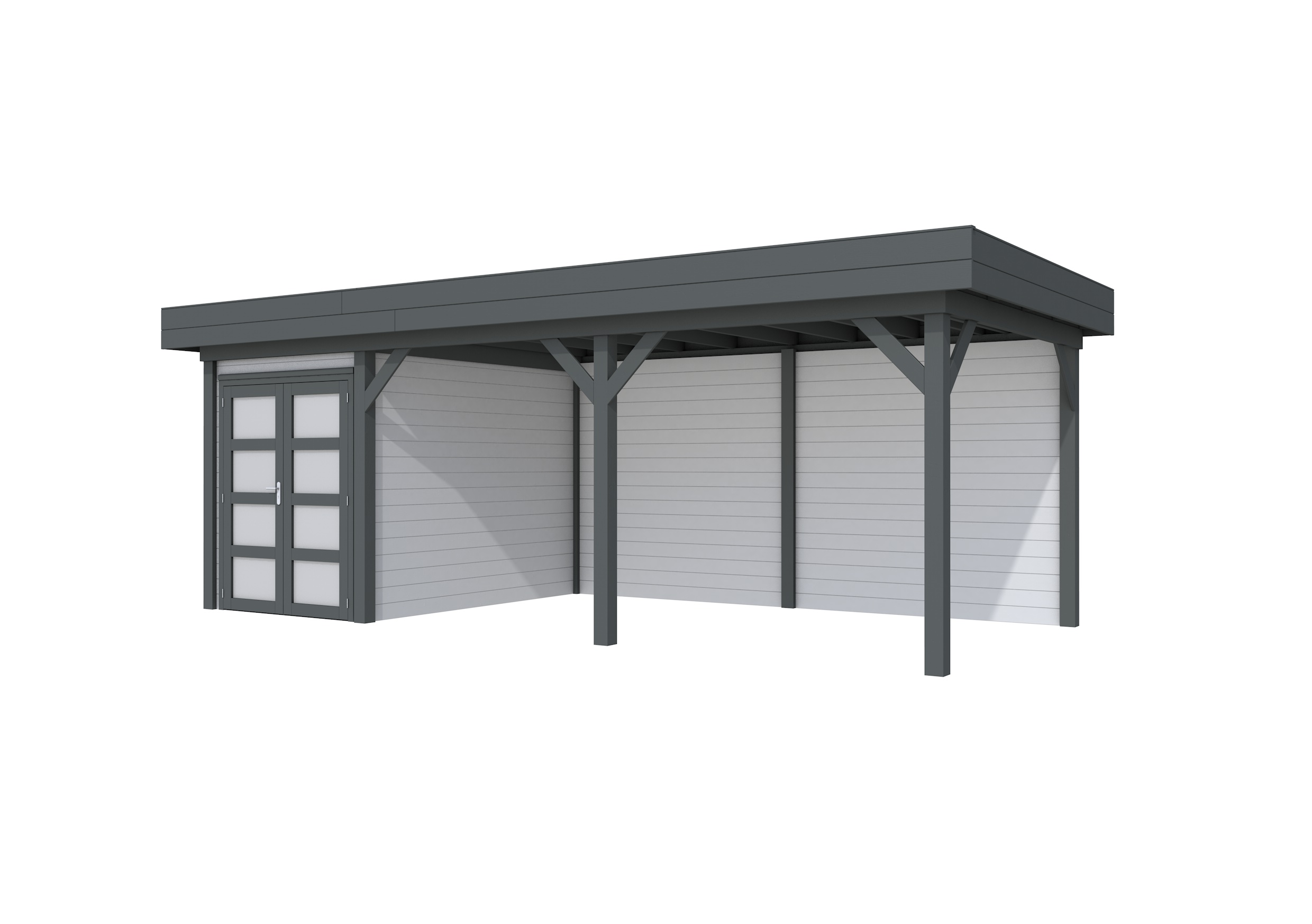 Vuren Topvision Zwaluw, 200 x 300 en luifel 500 cm, wanden lichtgrijs en basis antraciet.