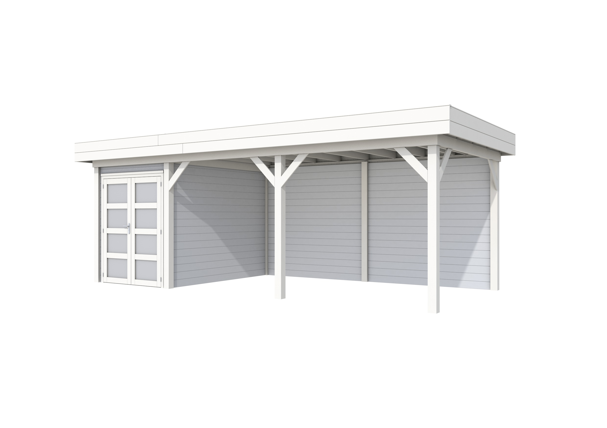 Vuren Topvision Zwaluw, 200 x 300 en luifel 500 cm, wanden lichtgrijs en basis wit.