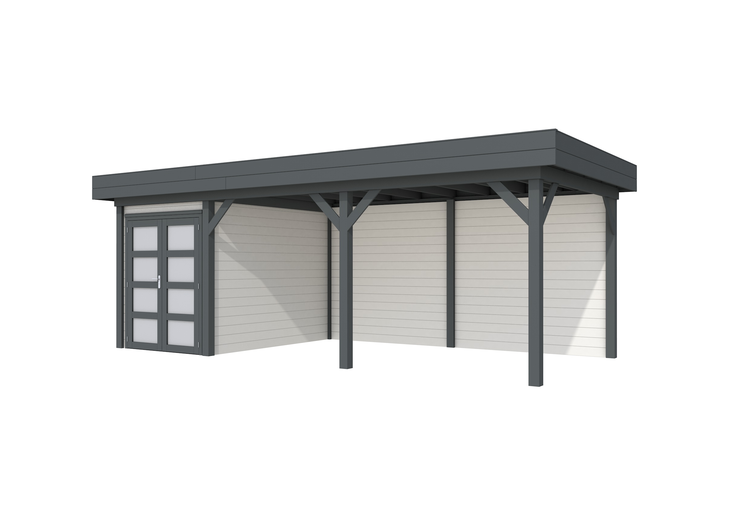 Vuren Topvision Zwaluw, 200 x 300 en luifel 500 cm, wanden wit en basis antraciet.