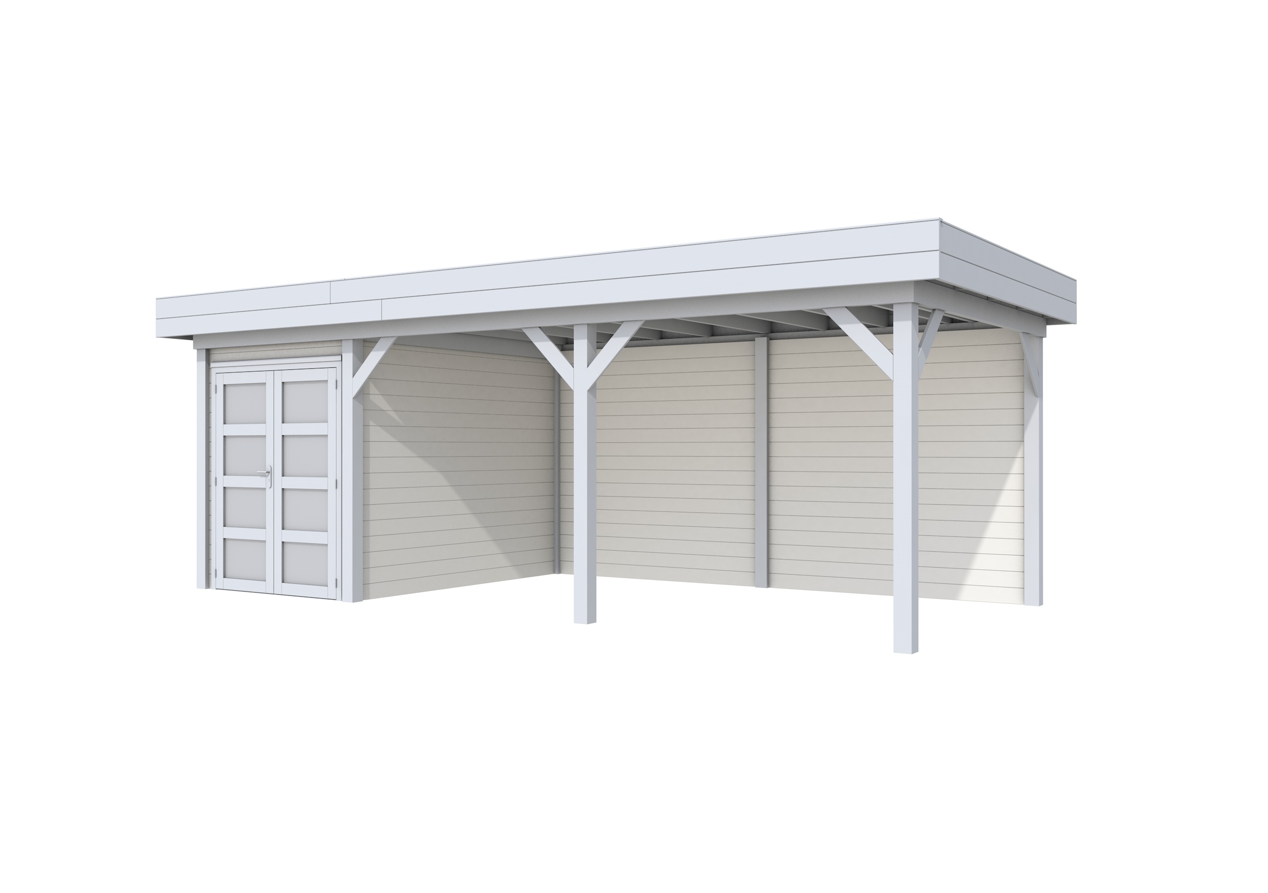 Vuren Topvision Zwaluw, 200 x 300 en luifel 500 cm, wanden wit en basis lichtgrijs.