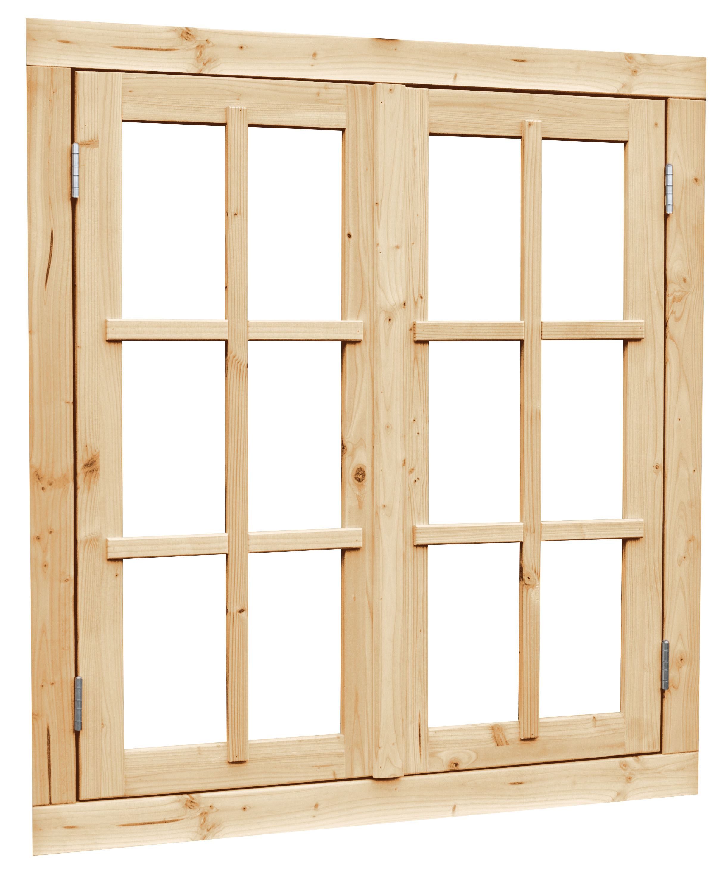 Vuren dubbel uitzetraam met dubbelglas, 112 x 120,5 cm, onbehandeld.