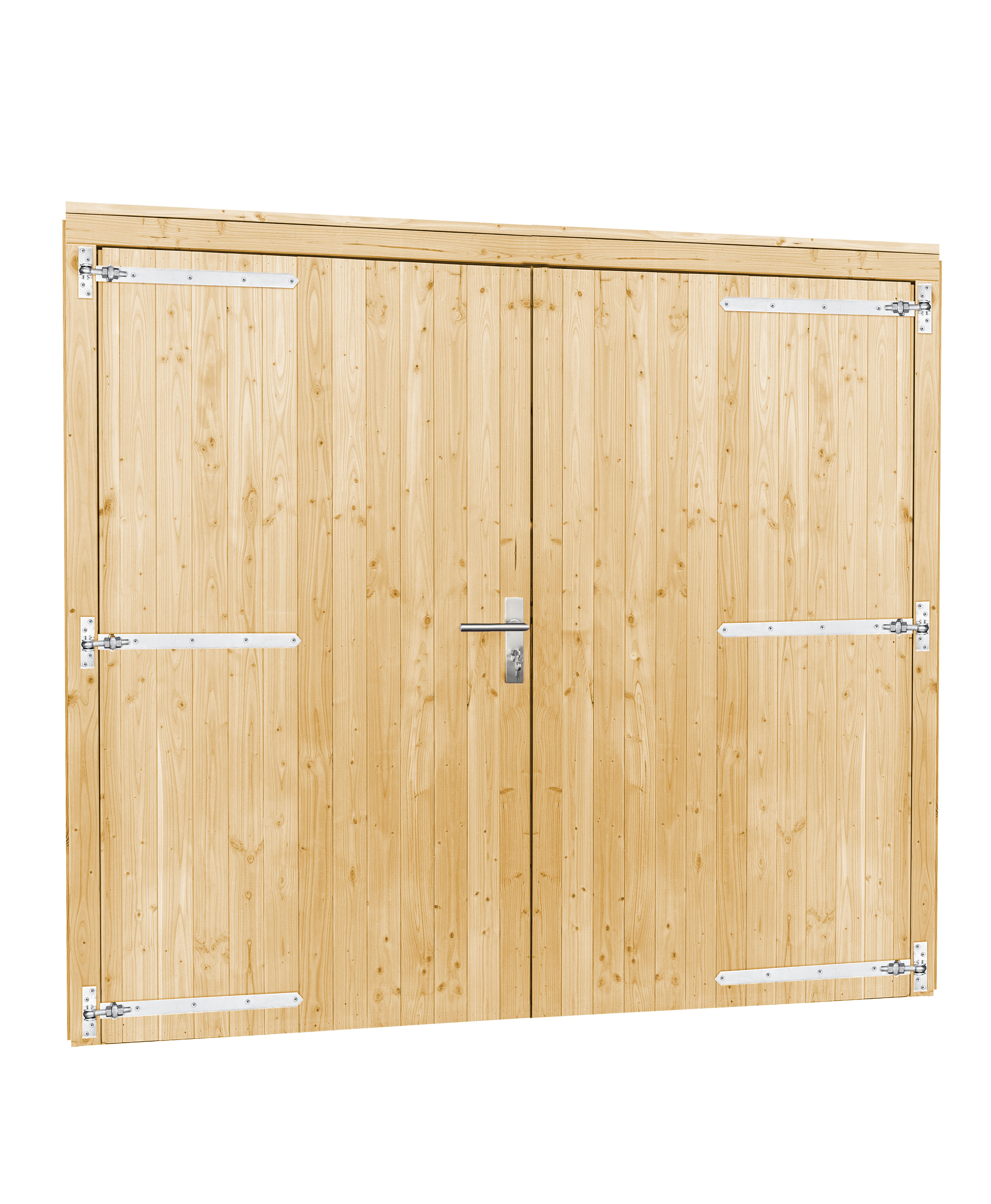 Vuren dubbele deur inclusief kozijn extra breed en hoog, 255 x 209 cm, onbehandeld.