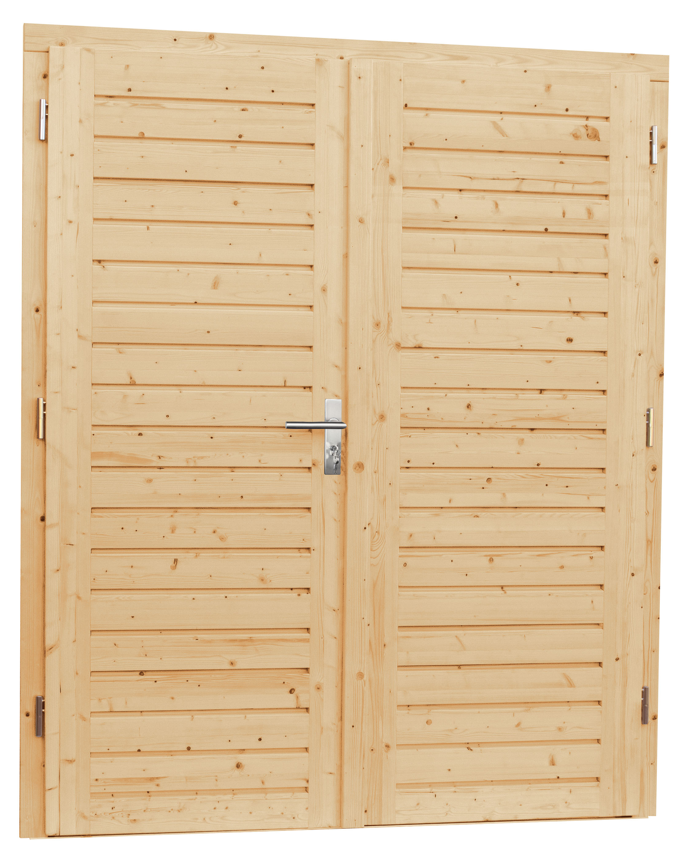 Vuren dubbele dichte opdekdeur met 5-puntssluiting, 168 x 201 cm, onbehandeld.