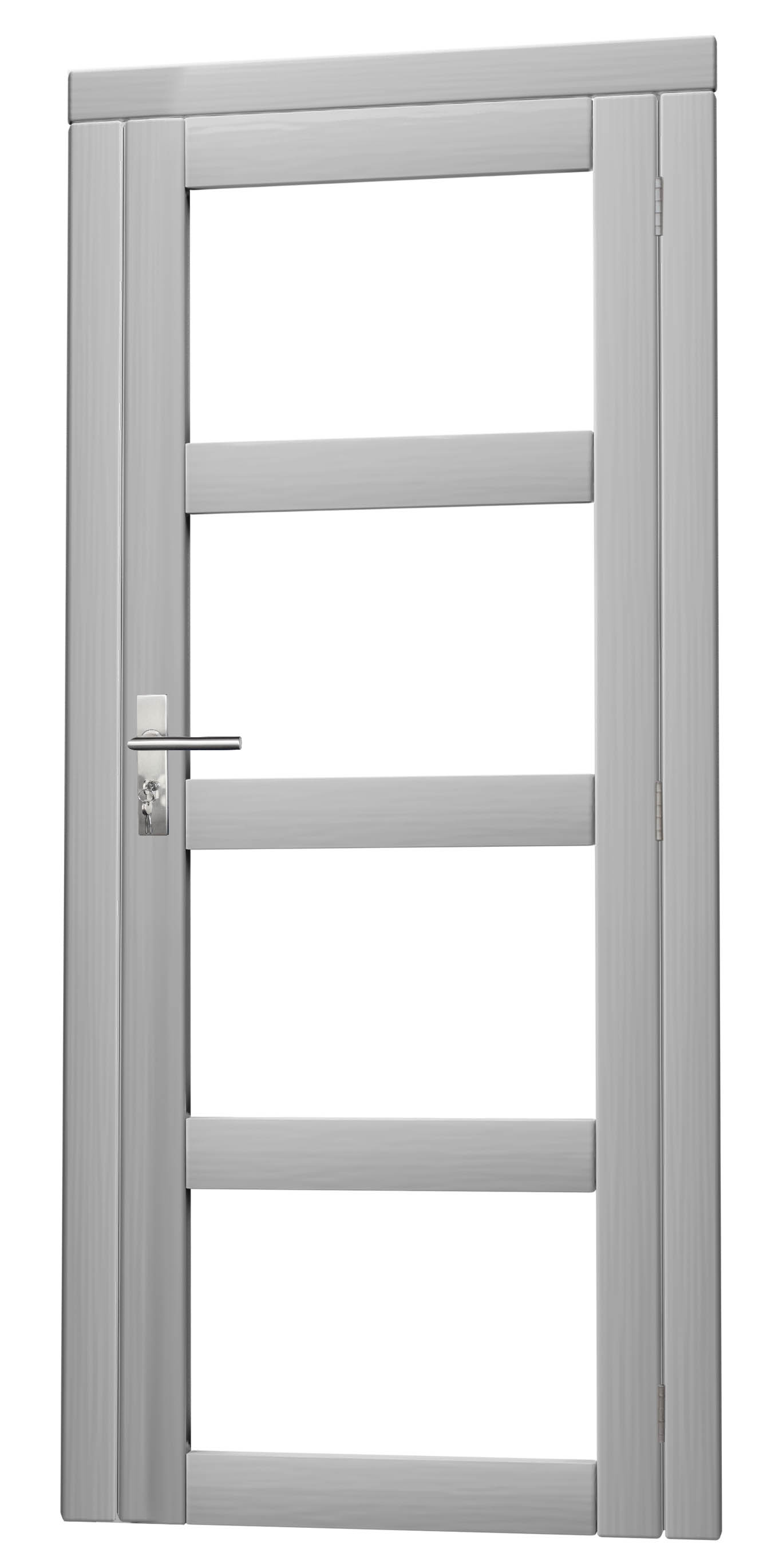 Vuren enkele 4-ruits deur inclusief kozijn, rechtsdraaiend, 90 x 201 cm, lichtgrijs gespoten.