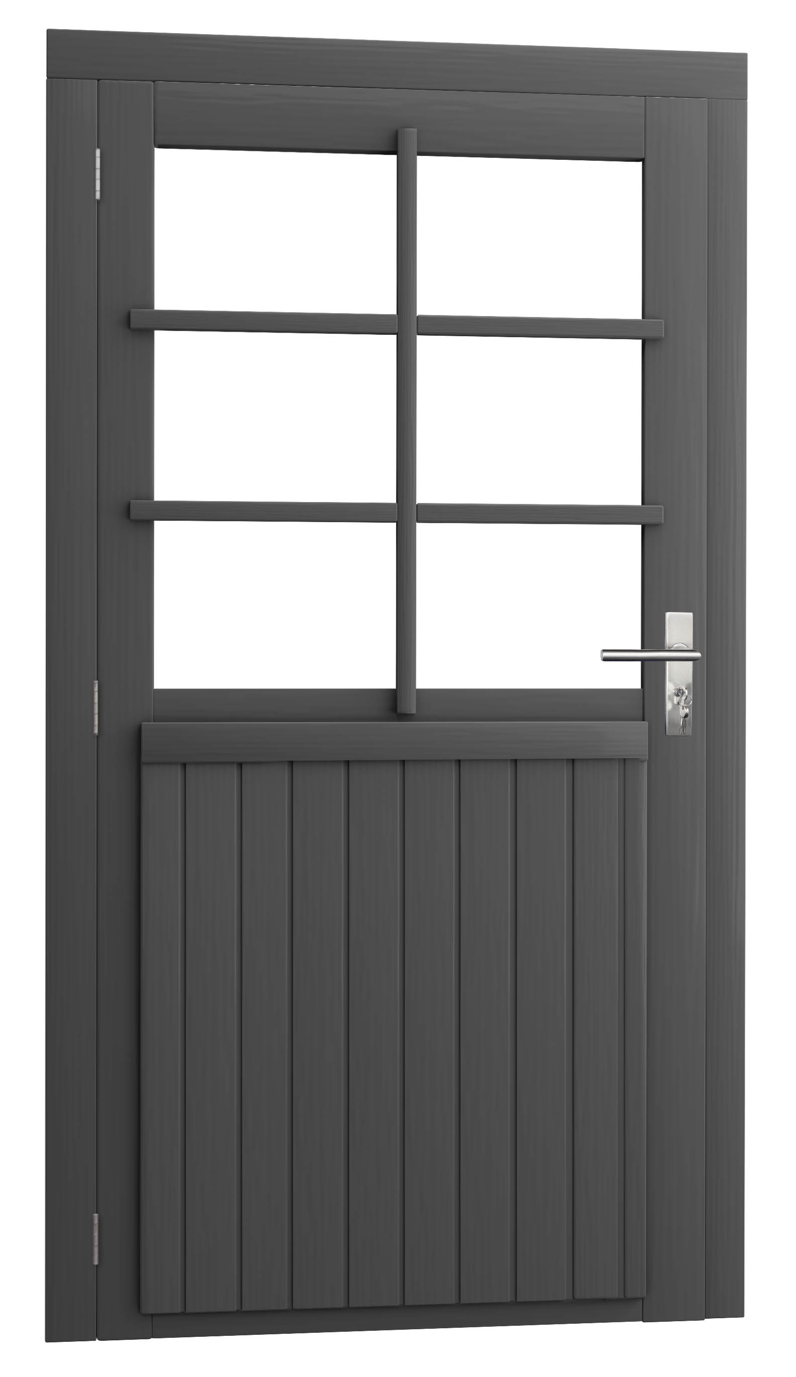 Vuren enkele 6-ruits deur extra breed inclusief kozijn, linksdraaiend, 112 x 201 cm, antraciet gespoten.